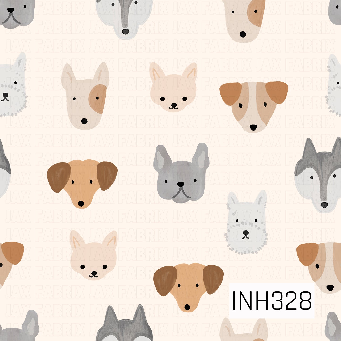 A cute, minimalist pattern featuring illustrated dog faces in a soft neutral palette. Various breeds, including French bulldogs, dachshunds, terriers, and mixed-breed pups, are scattered across a warm cream background. The simple hand-painted style and gentle shades of gray, tan, beige, and brown create a playful yet modern pet-themed design.