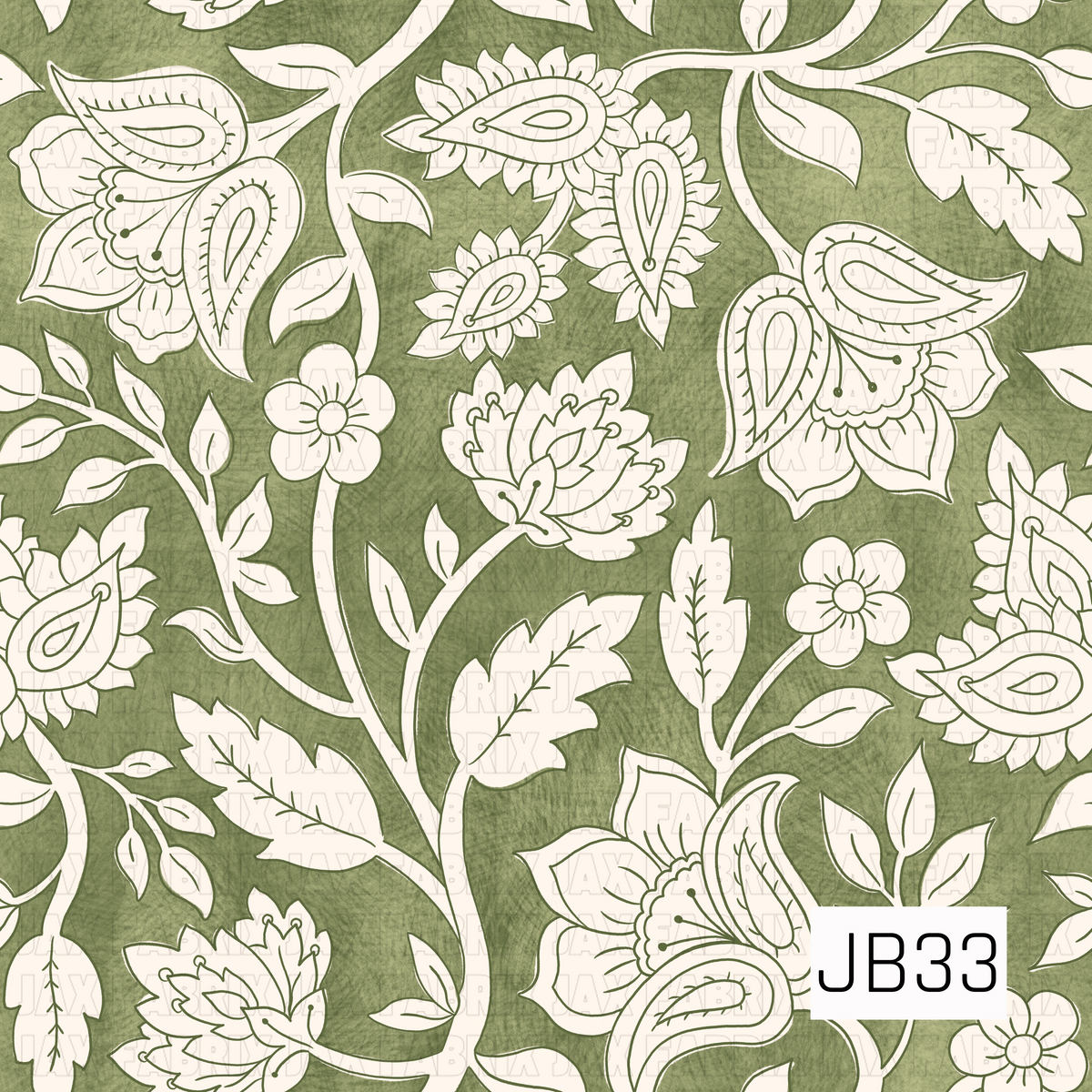 A vintage-inspired botanical paisley pattern featuring hand-drawn florals, leafy vines, and ornate paisley motifs in soft ivory. The design sits against a textured, muted sage green background with dark olive linework, giving it a rustic, slightly distressed feel.