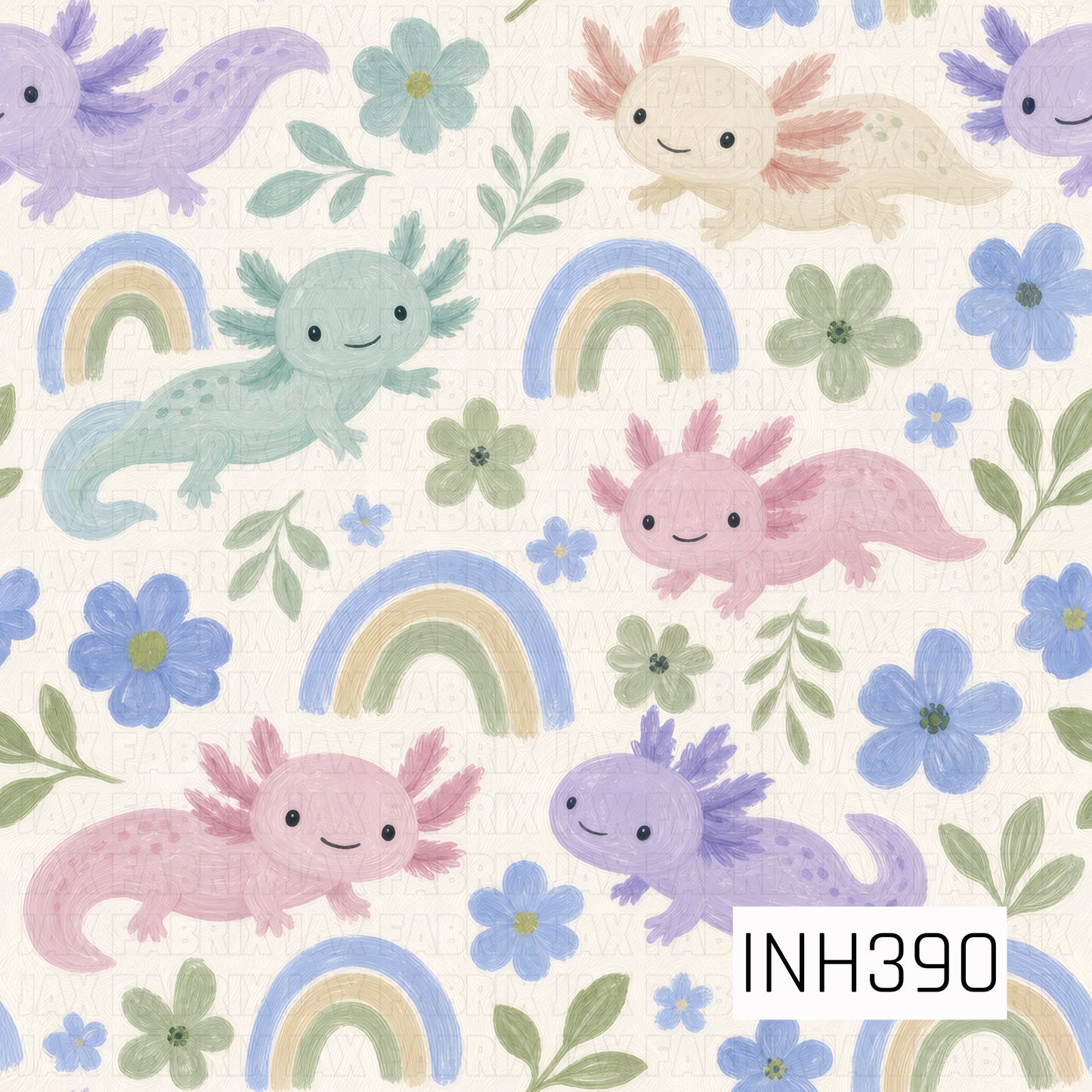 A whimsical pastel pattern featuring adorable watercolor axolotls in soft shades of pink, lavender, mint, and cream, surrounded by delicate blue flowers, leafy sprigs, and muted rainbow accents. Set against a warm cream background, the gentle colors and playful illustrations create a sweet, dreamy design with a charming storybook feel.