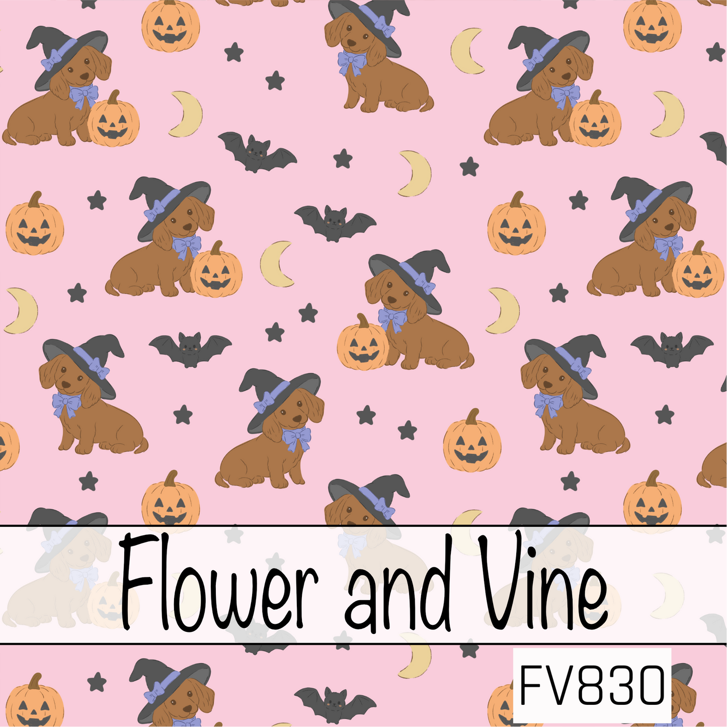 A playful seamless Halloween pattern featuring adorable brown dachshunds wearing black witch hats with periwinkle blue bows, surrounded by smiling jack-o'-lanterns, flying bats, crescent moons, and tiny black stars on a soft pink background. This sweet and spooky design combines festive Halloween details with charming pups for a fun pastel seasonal look.