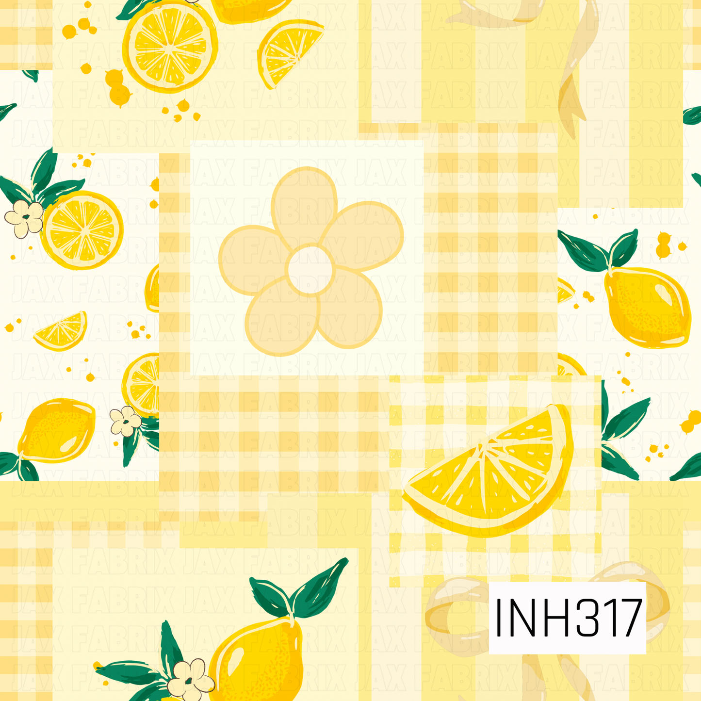 A cheerful lemon-themed patchwork design featuring bright yellow lemons, lemon slices, green leaves, soft yellow gingham and plaid patterns, and a simple floral accent. The fresh citrus elements are layered in a cozy quilt-inspired layout with sunny spring and summer colors.