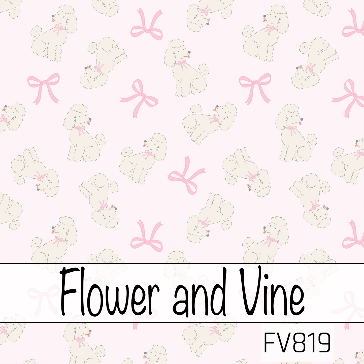 A sweet seamless pattern featuring fluffy white poodles wearing delicate pink bows, scattered across a soft blush pink background with dainty pink ribbon bows. The simple, airy layout creates a timeless, feminine design full of charm and classic boutique style.