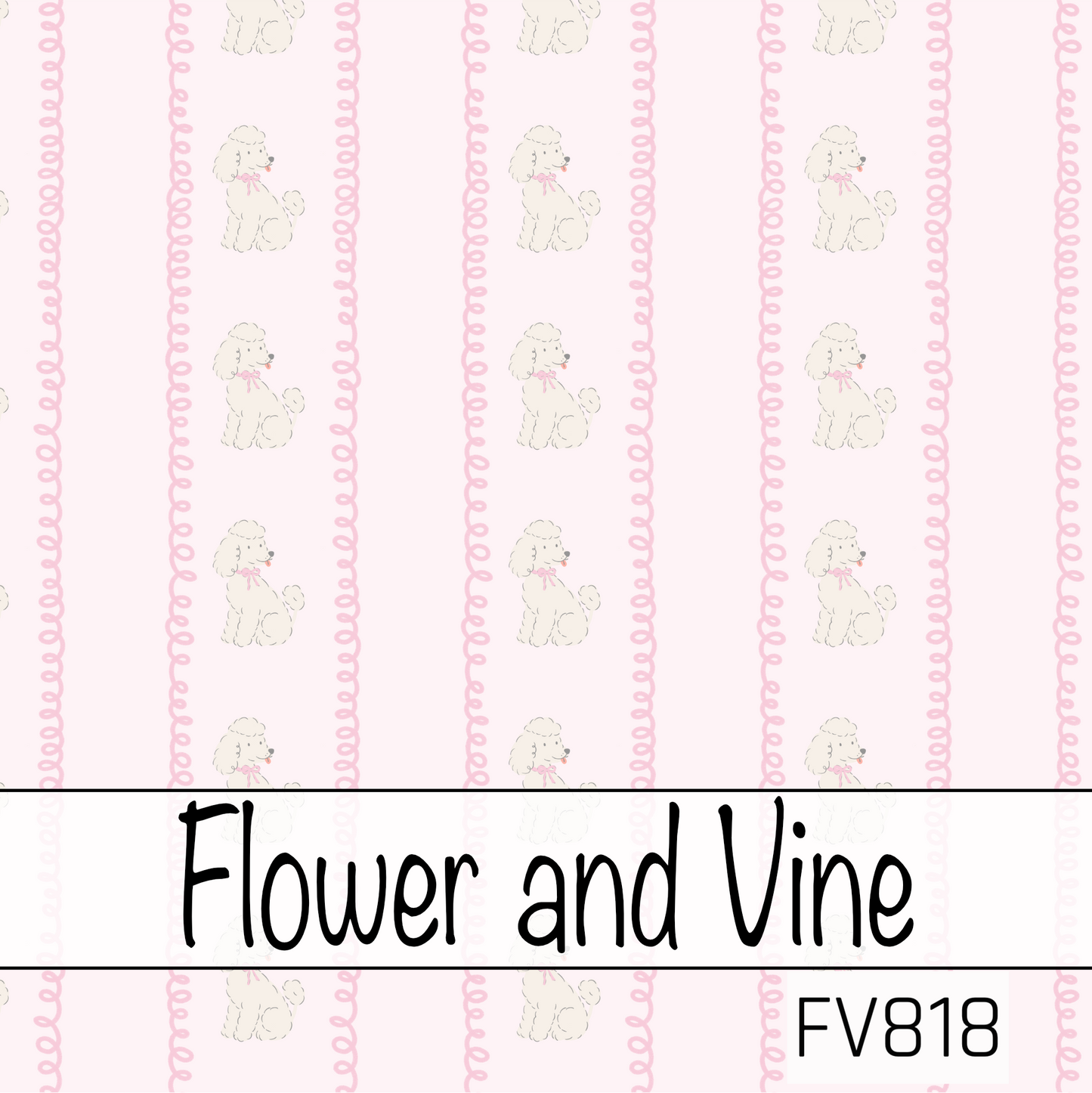 A delicate seamless pattern featuring sweet white poodles accented with tiny pink bows, arranged in neat vertical rows between whimsical pink squiggle stripes on a soft blush background. This simple, feminine design offers a charming boutique feel with a clean and classic look.