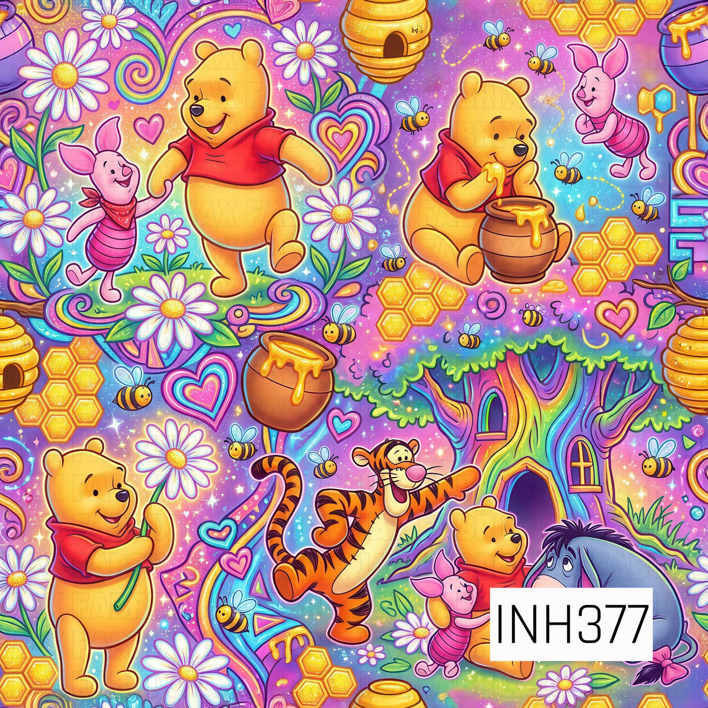 A vibrant seamless pattern featuring beloved woodland friends surrounded by honey pots, buzzing bees, honeycombs, cheerful daisies, colorful hearts, rainbows, and whimsical forest details. Set against a dreamy rainbow-hued background with sparkling accents and a magical treehouse, this playful design is filled with friendship, sweetness, and storybook charm.