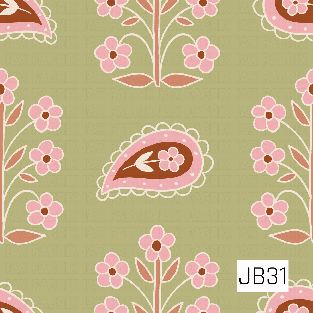 A whimsical retro folk-inspired print featuring scattered pink five-petal flowers, delicate branching stems, and oversized paisley motifs filled with floral details. The soft olive-sage background is paired with blush pink, warm terracotta, deep rust, and creamy white accents, giving the design a playful 70s-inspired vintage feel.