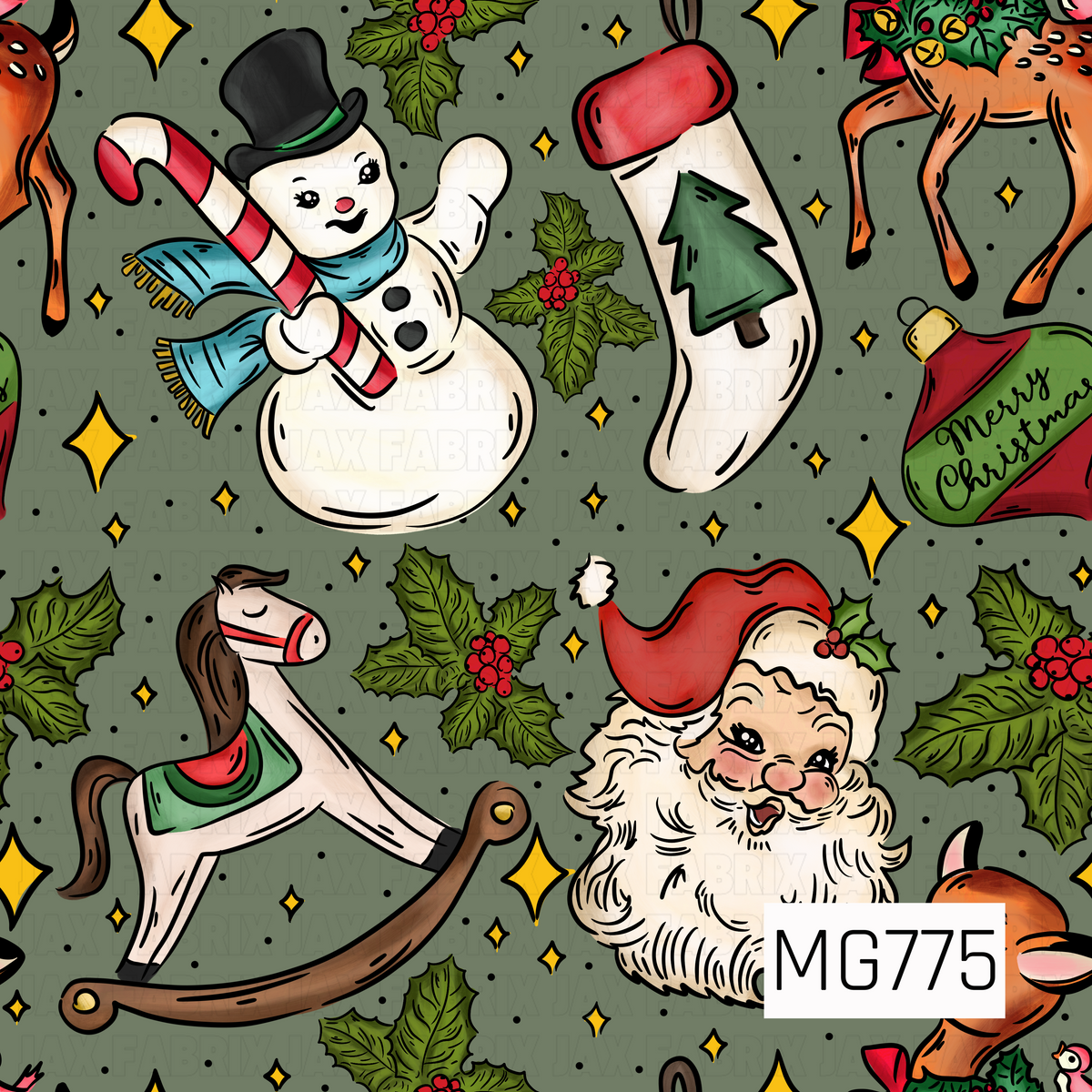 A nostalgic vintage Christmas pattern featuring a cheerful snowman wearing a black top hat and blue scarf, a smiling Santa Claus, a classic rocking horse, festive stockings, and adorable reindeer. Sprigs of green holly with bright red berries, golden sparkling stars, and scattered black dots decorate the muted sage green background. The retro-inspired illustrations and traditional holiday colors create a charming, whimsical Christmas design.