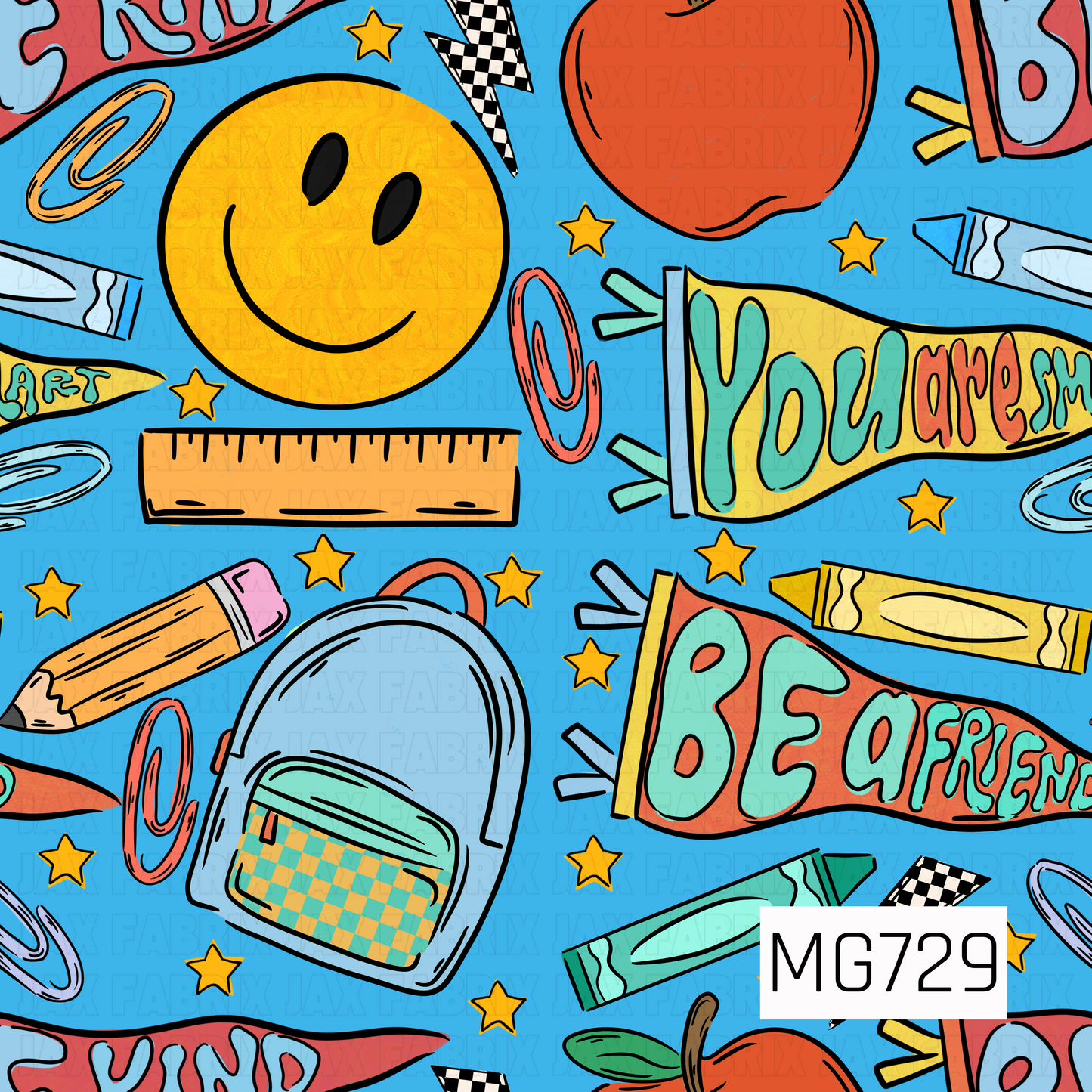 This playful school-themed design features a cheerful smiley face, backpack, apples, crayons, pencils, rulers, stars, and colorful friendship pennants. Pops of yellow, orange, coral, mint, and teal stand out against a bright blue background for a bold, energetic back-to-school look.