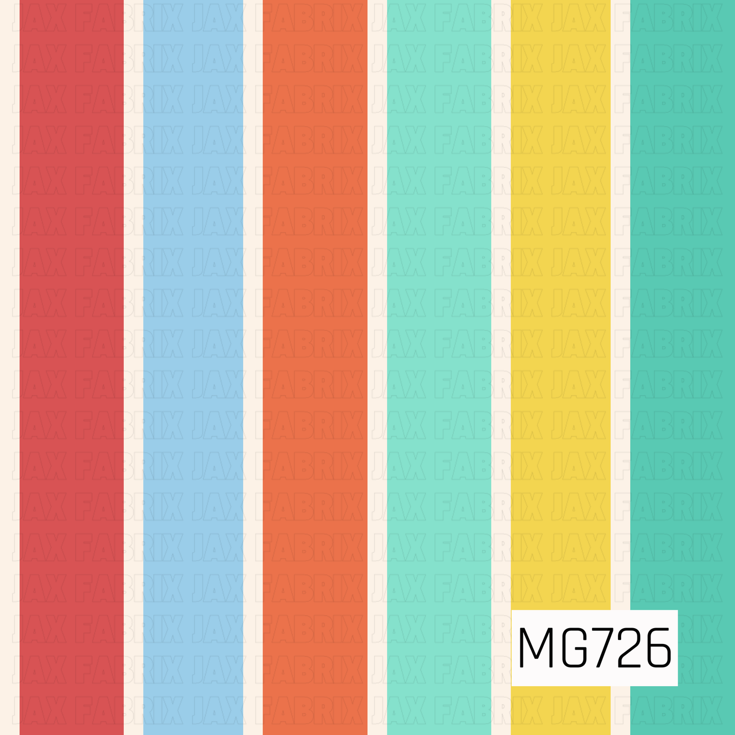 This cheerful striped design features wide vertical bands of warm red, sky blue, bright orange, mint green, sunny yellow, and turquoise, separated by soft cream stripes. The fresh, playful color palette gives it a fun school-ready feel and makes it an easy coordinating print for colorful designs.