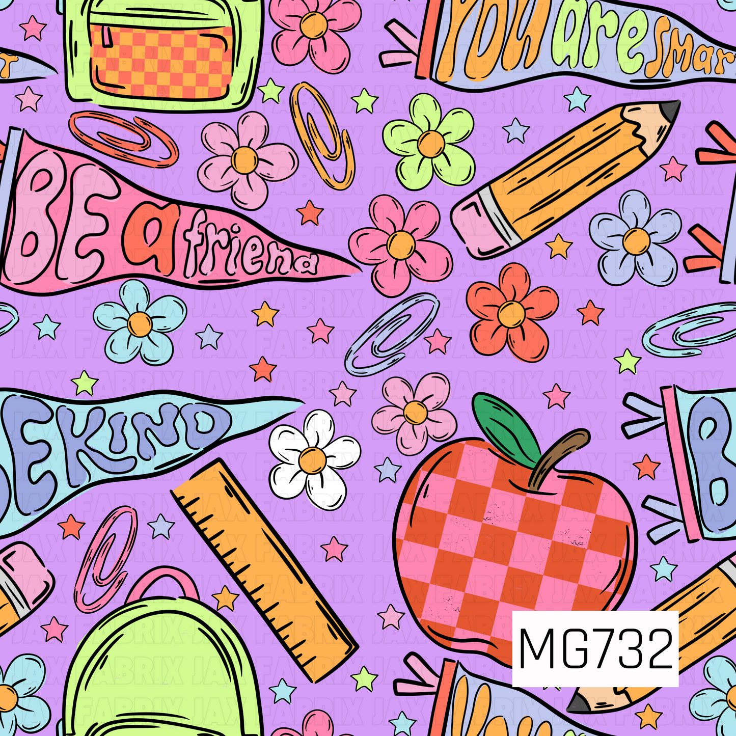 This playful school-themed design features colorful friendship pennants, backpacks, pencils, rulers, paper clips, stars, flowers, and a bold gingham apple. Bright pink, coral, lime green, blue, and golden yellow pop against a vibrant purple background for a fun, cheerful back-to-school look.