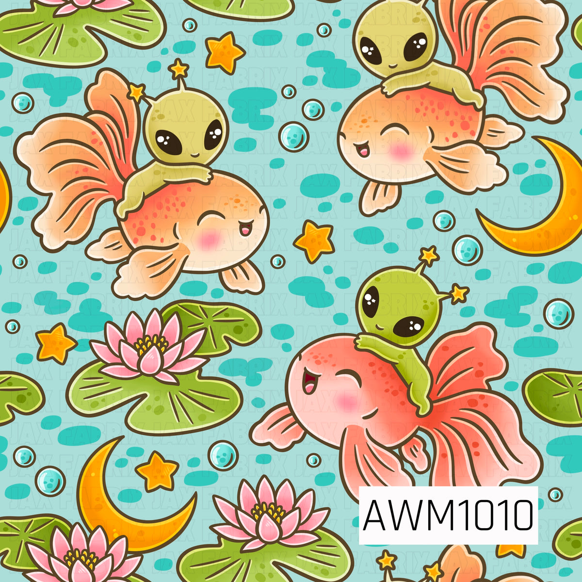 A whimsical seamless pattern featuring adorable green aliens riding colorful goldfish, surrounded by lily pads, pink lotus flowers, bubbles, stars, and crescent moons. A bright aqua background adds a playful pop of color to this fun outer space meets underwater design.