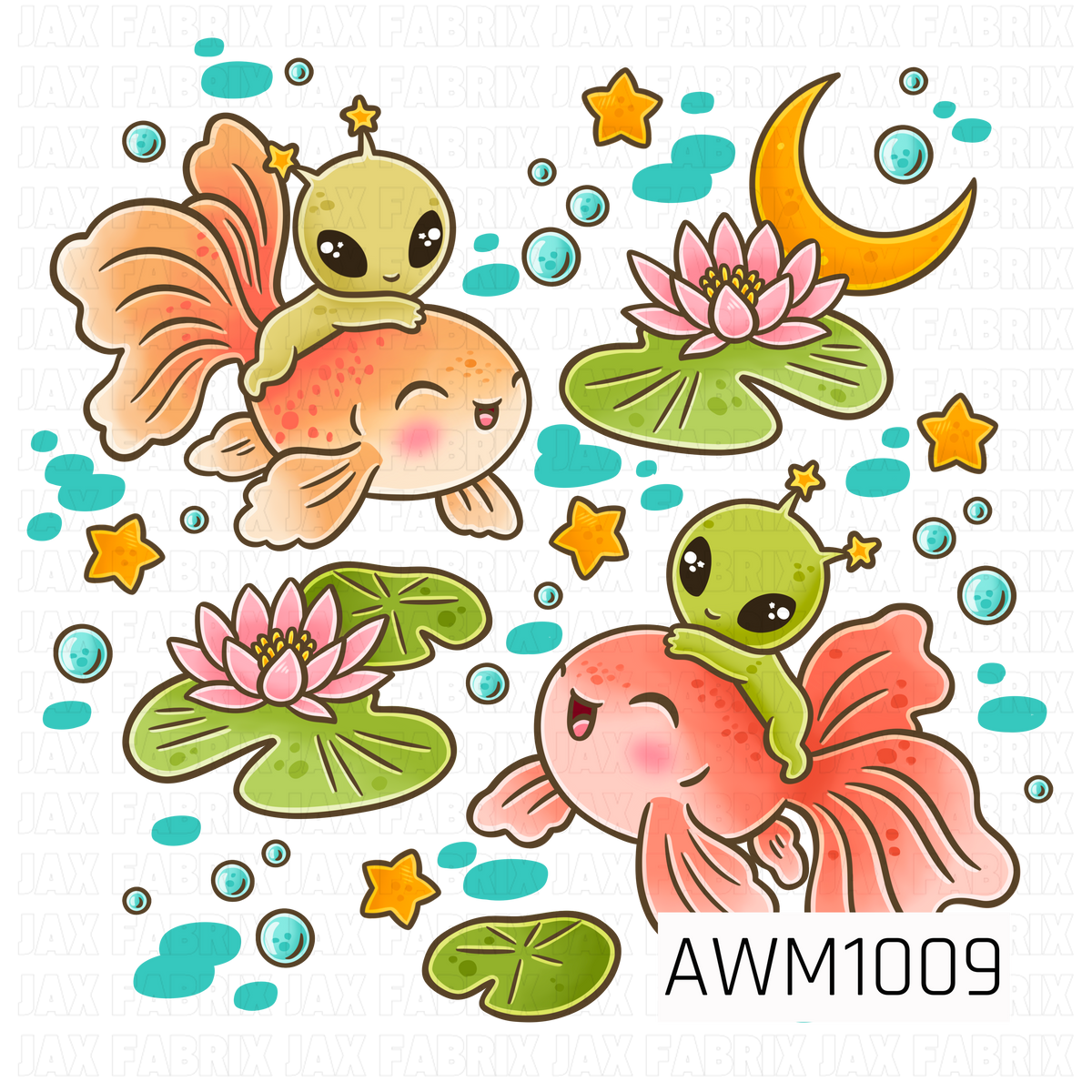 A whimsical PNG featuring adorable little green aliens riding colorful goldfish, surrounded by pink lotus flowers, lily pads, bubbles, stars, and a crescent moon. A playful mix of outer space and pond-inspired elements with bright, cheerful colors.