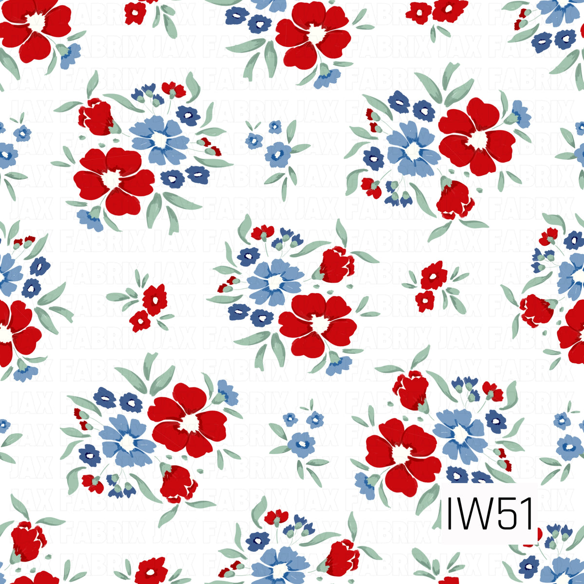A charming patriotic floral pattern featuring bold red and soft blue blossoms mixed with smaller navy flowers, delicate buds, and sage green leaves. The loosely scattered bouquets have a hand-painted, watercolor-inspired look against a crisp white background, creating a fresh, feminine Americana design with a vintage cottage feel.