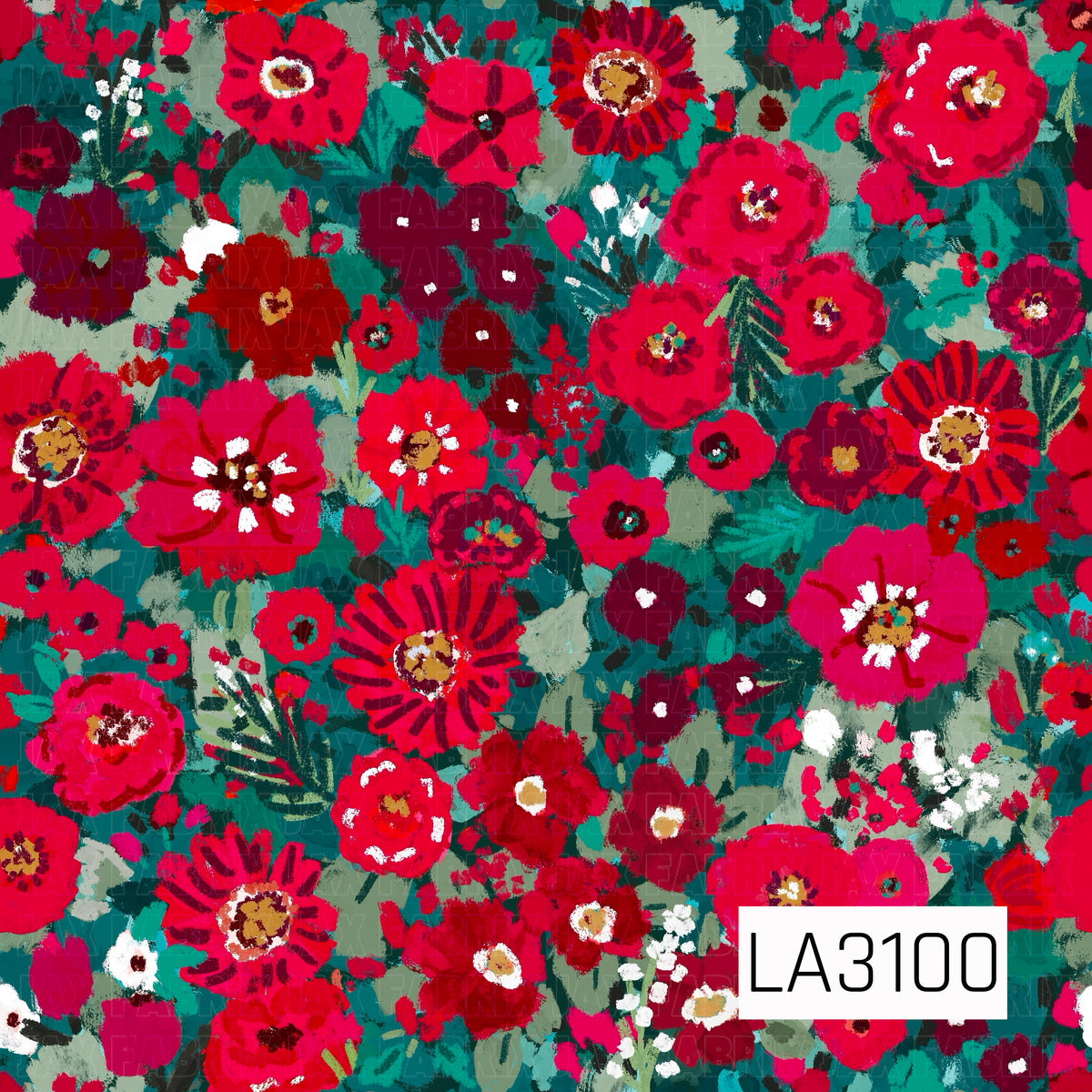 A vibrant painterly floral pattern featuring bold red, hot pink, and deep burgundy blooms layered across a rich teal green background. Loose, textured brushstrokes and leafy details in turquoise, sage, cream, and dark green create a lush, artistic look, with touches of white and golden mustard adding contrast throughout.