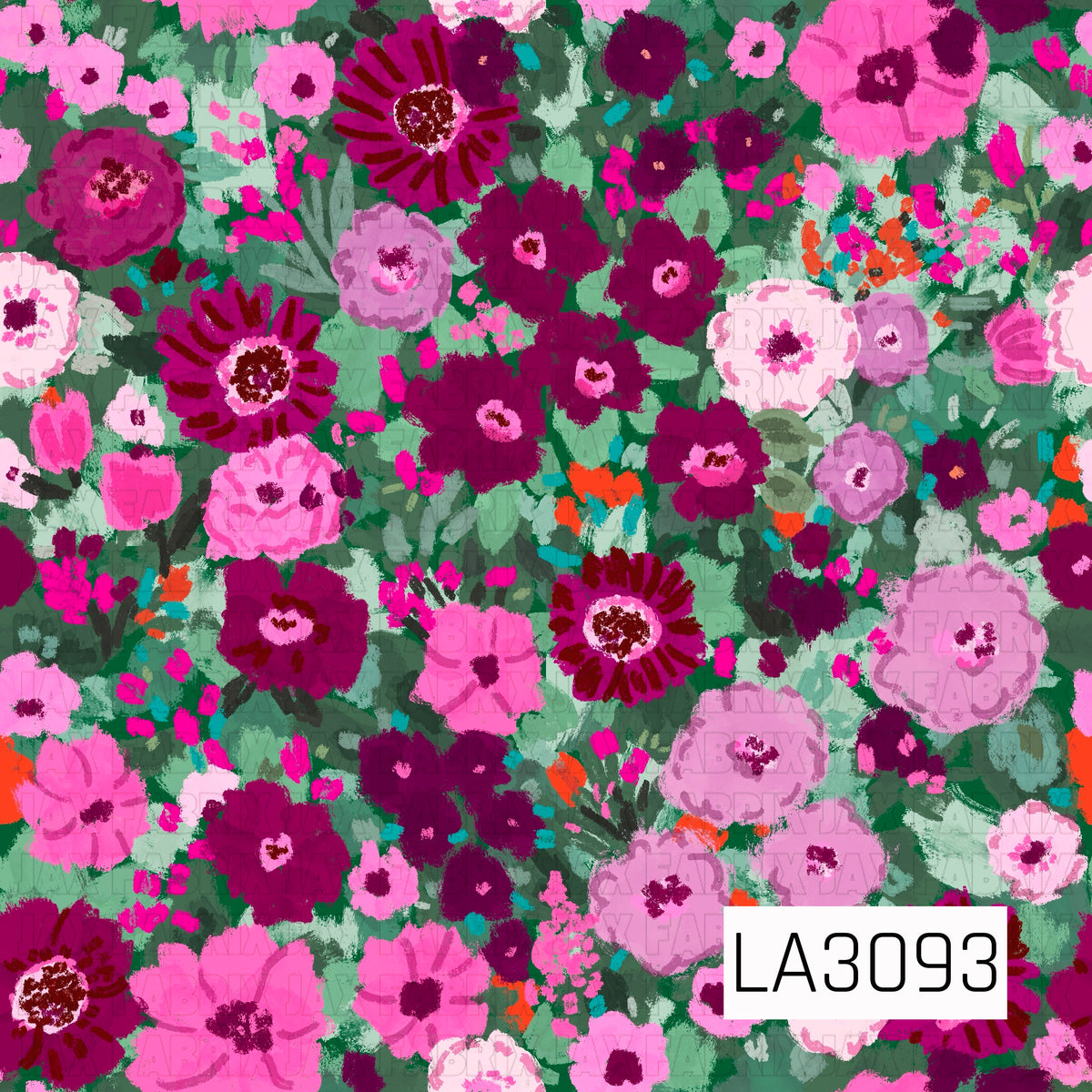 A bold painterly floral filled with vibrant blooms in hot pink, berry, burgundy, blush, and soft lavender. Layered green and mint foliage creates a lush garden backdrop, while pops of teal and bright orange add playful contrast throughout the textured, hand-painted design.