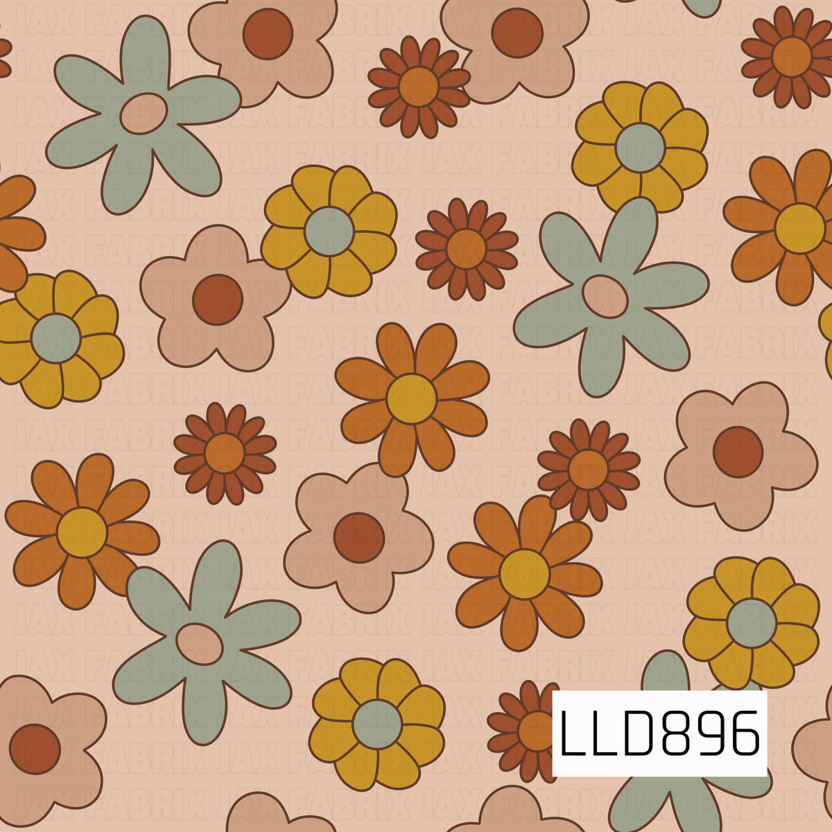 A retro floral seamless design featuring oversized groovy daisies in warm autumn shades of rust, mustard, muted sage, peach, and tan. The simple hand-drawn outlines and soft neutral background give it a cozy vintage 70s-inspired feel.