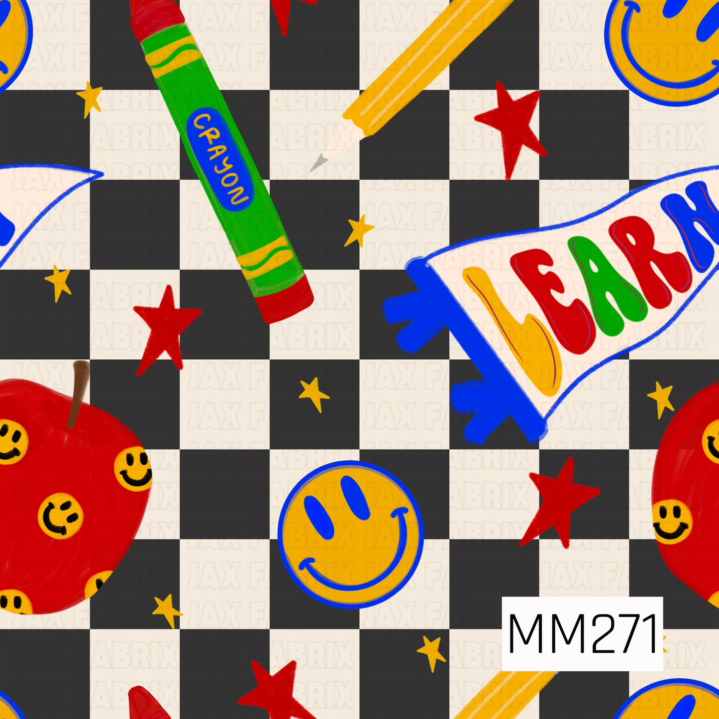 A bold and playful back-to-school design featuring classic black-and-white checkerboard squares accented with bright primary colors. The pattern includes red apples with smiley details, yellow smiley faces outlined in blue, colorful crayons, pencils, red stars, gold star accents, and a school pennant banner spelling “Learn.” The high-contrast checkerboard background adds a trendy retro feel, while the vibrant red, blue, yellow, and green elements create an energetic classroom-inspired look.