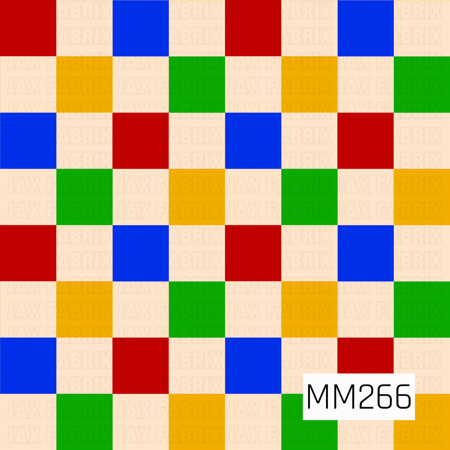 Check in red, blue, green, and yellow on a beige background.