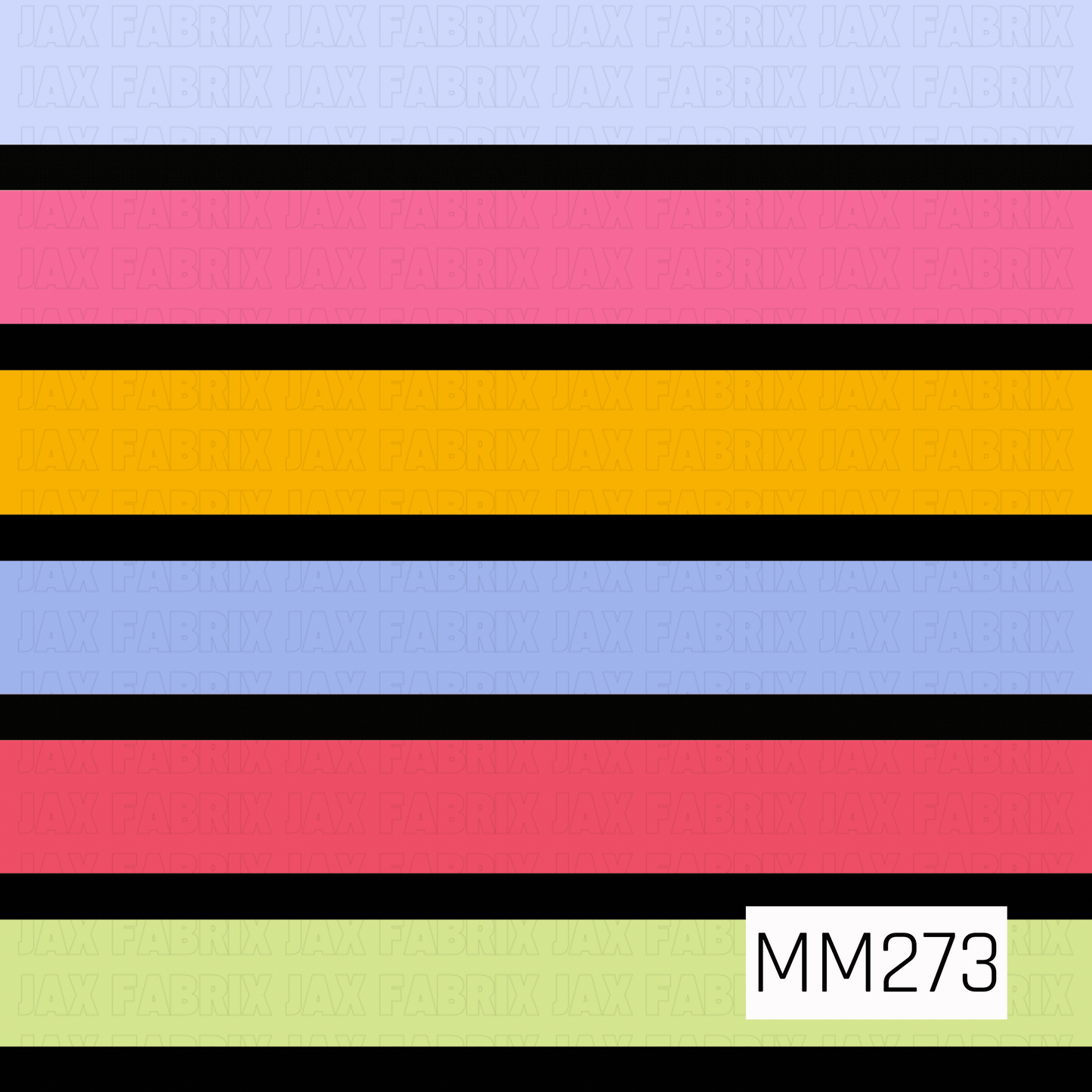 A simple coordinating stripe design featuring bold black horizontal stripes layered between soft pastel bands of powder blue, bright pink, golden yellow, and light lime green. The clean, evenly spaced pattern creates a classic back-to-school look while the cheerful color palette adds a fun, playful touch. Perfect as a coordinating print for school-themed collections, accessories, and handmade projects.