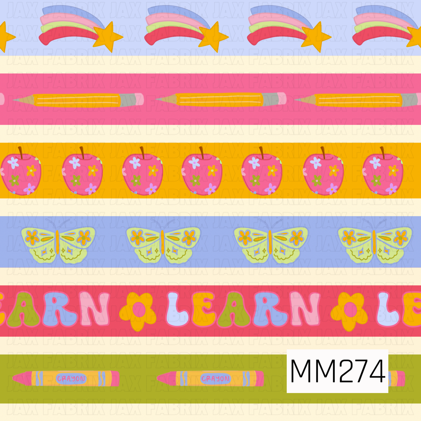 A cheerful back-to-school stripe design featuring rows of colorful classroom-inspired motifs on alternating pastel backgrounds. The pattern includes rainbow shooting stars, yellow pencils, pink floral apples, whimsical butterflies, colorful “LEARN” lettering, and crayons arranged in horizontal bands. Soft shades of powder blue, bright pink, golden yellow, cream, and lime green create a playful, retro-inspired palette perfect for school-themed projects and accessories.