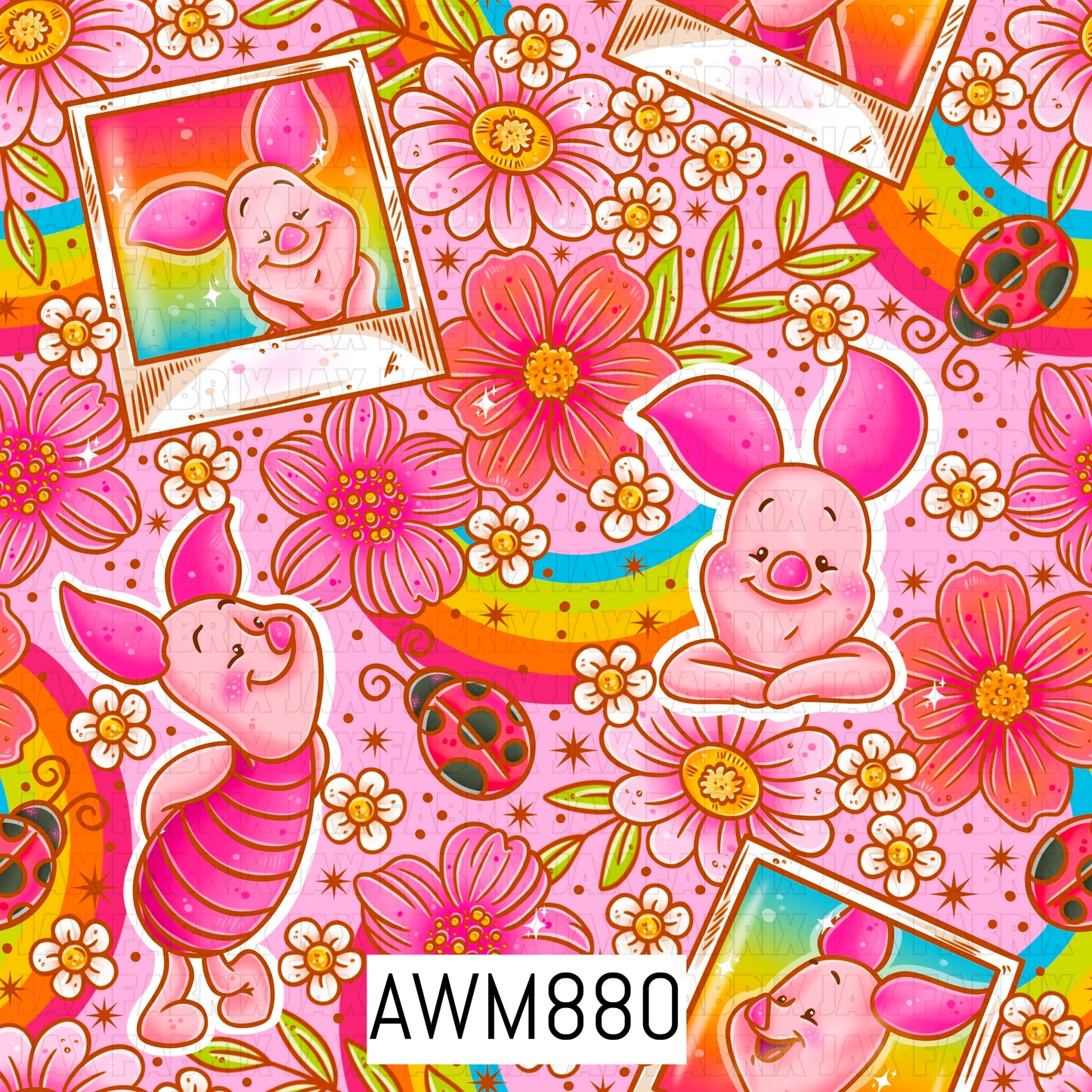 Sweet and whimsical seamless design featuring an adorable pink piglet character surrounded by vibrant pink flowers, tiny white blossoms, colorful rainbows, ladybugs, leafy accents, and sparkling stars. Set on a soft pink background, this cheerful pattern combines playful springtime elements with bright pastel colors for a charming and magical aesthetic.