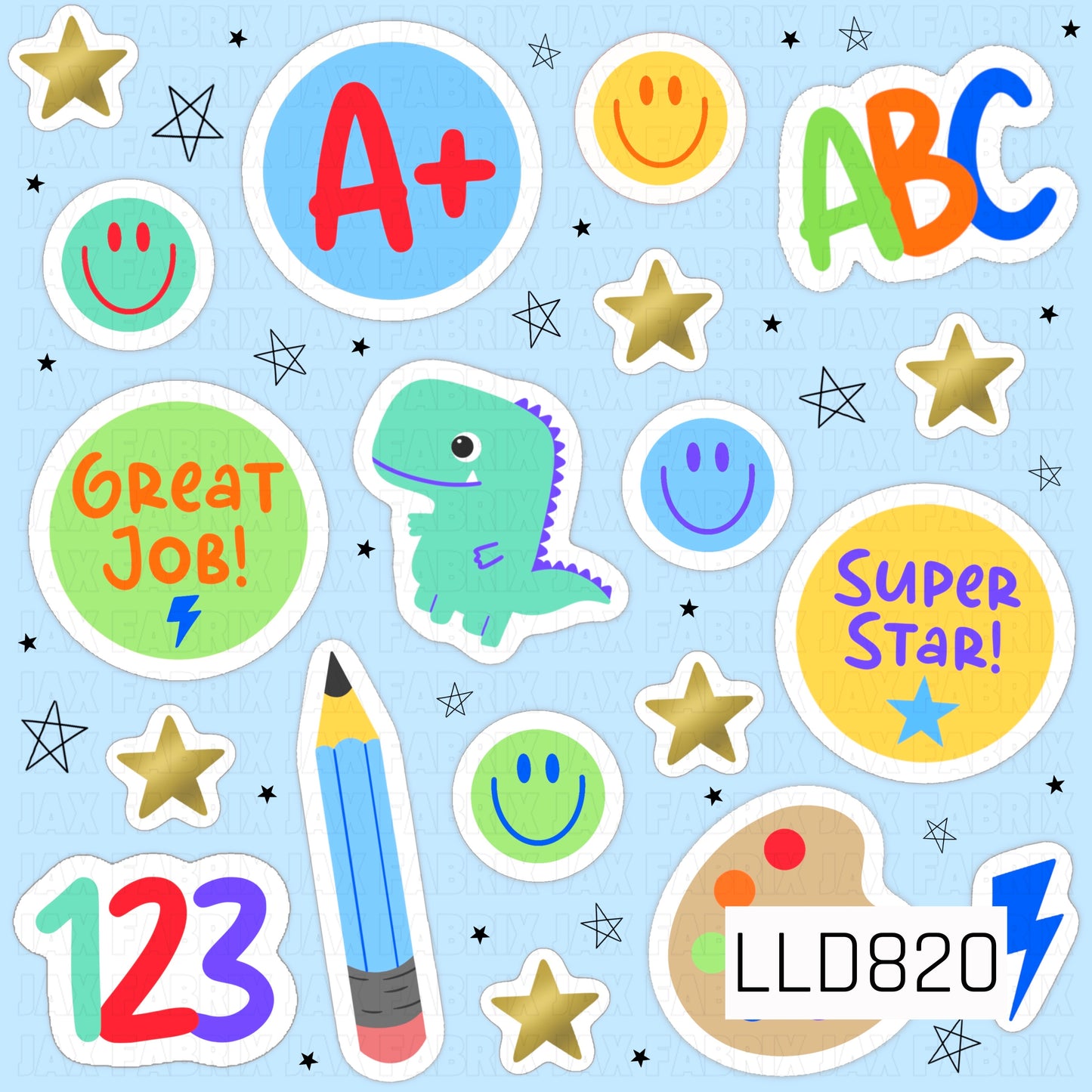 A playful sticker-inspired design featuring colorful classroom icons including an A+, numbers, a pencil, paint palette, smiling faces, stars, a dinosaur, and encouraging phrases like "Great Job!" and "Super Star!" scattered across a light blue background.