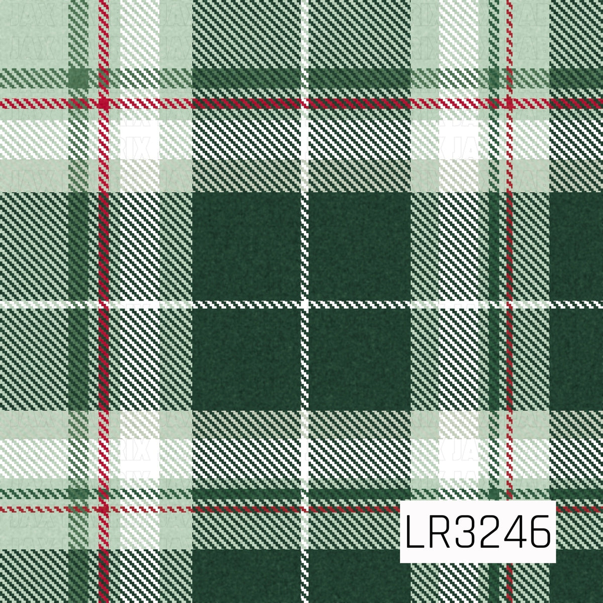 A classic Christmas plaid featuring deep forest green and soft sage tones with crisp white bands and thin red accent stripes. The layered tartan pattern has a subtle textured finish for a cozy, traditional holiday look.