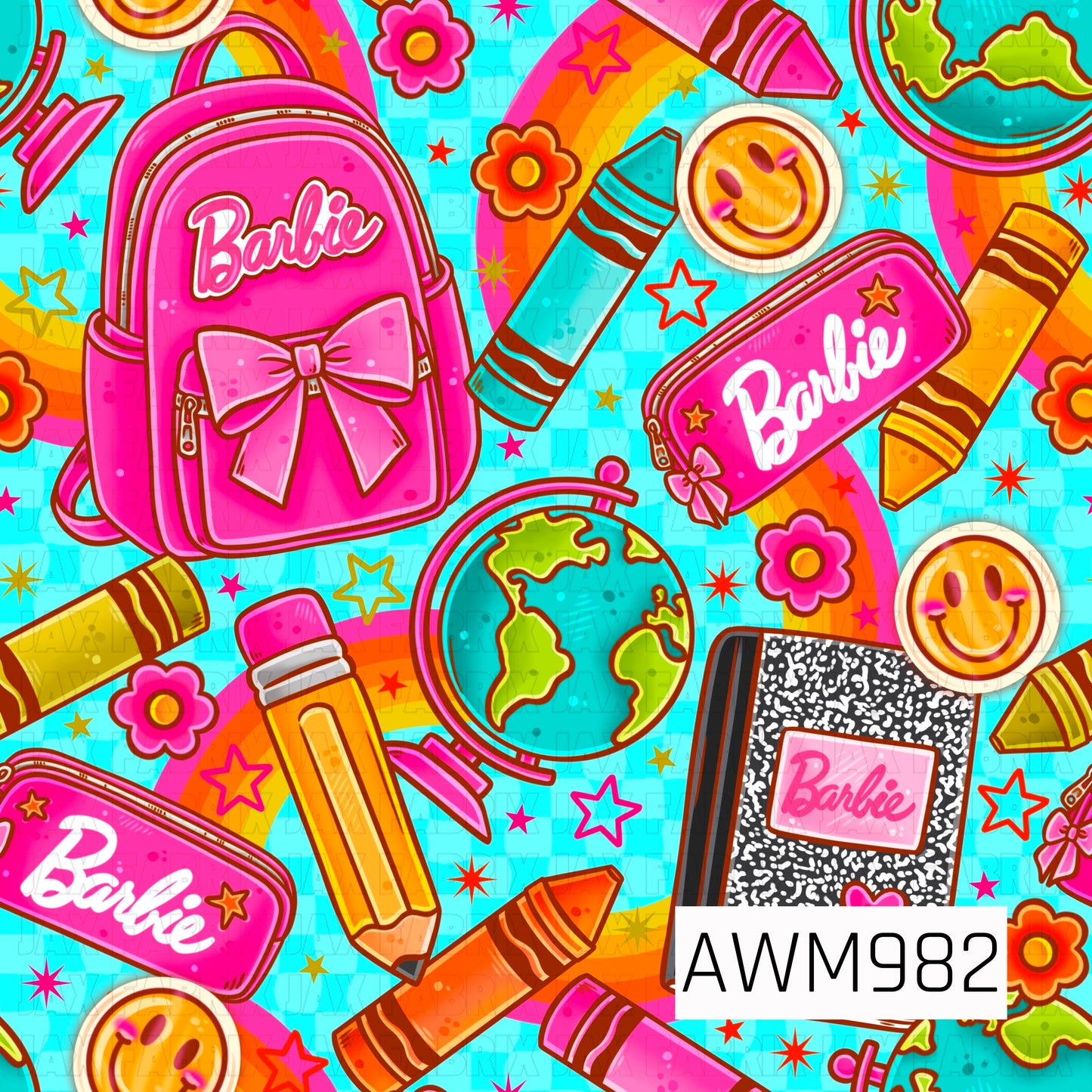 Bright and colorful back-to-school design featuring doll inspired school essentials in a bold pink, turquoise blue, orange, and yellow color palette. Accented with rainbow details, hot pink flowers, smiley faces, and colorful stars for a fun, retro school-day look. Perfect for school-themed bows, accessories, apparel, and crafts.