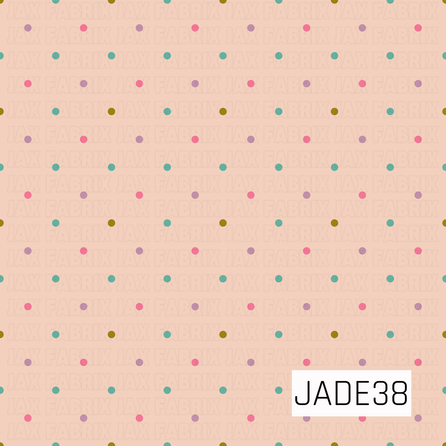 A simple scattered polka dot pattern featuring teal, pink, lavender, and mustard dots on a soft peach background. This playful coordinate adds a fun pop of color while complementing a wide variety of whimsical and seasonal designs.
