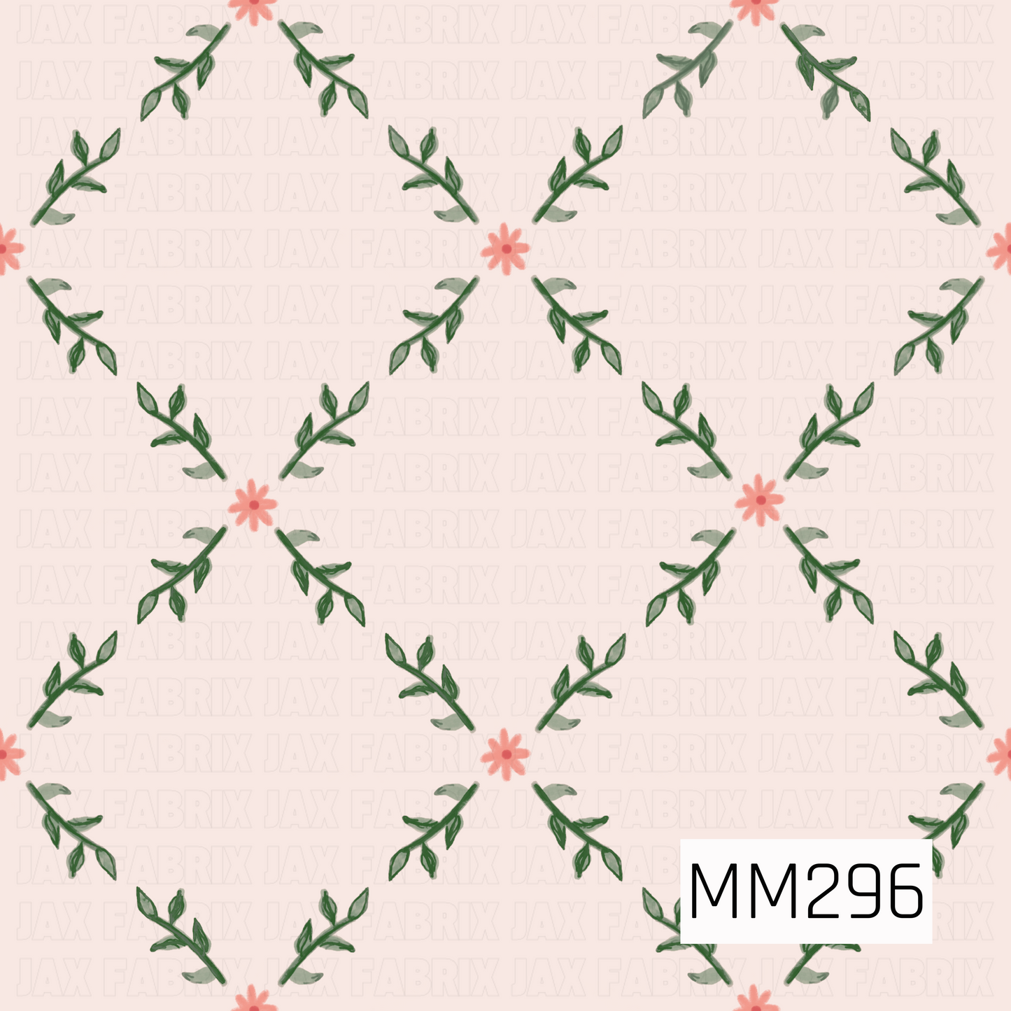 A delicate botanical print featuring soft green vines arranged in a repeating diamond pattern, accented with tiny blush pink flowers. Set on a warm cream background, the design has a timeless vintage charm with a light, airy feel and elegant garden-inspired styling.