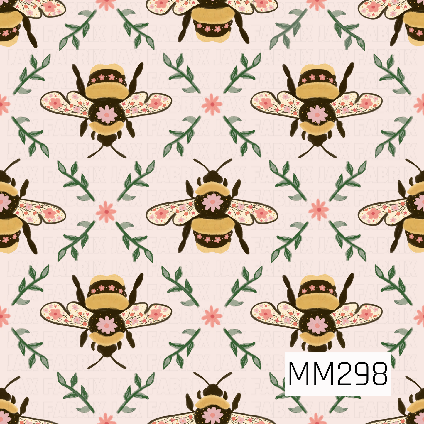 A vintage-inspired bee pattern featuring golden yellow and black bumblebees with blush pink floral accents. The bees are surrounded by sage green leafy sprigs and soft pink flowers on a light cream background, arranged in a repeating diamond layout for a delicate cottage garden look.