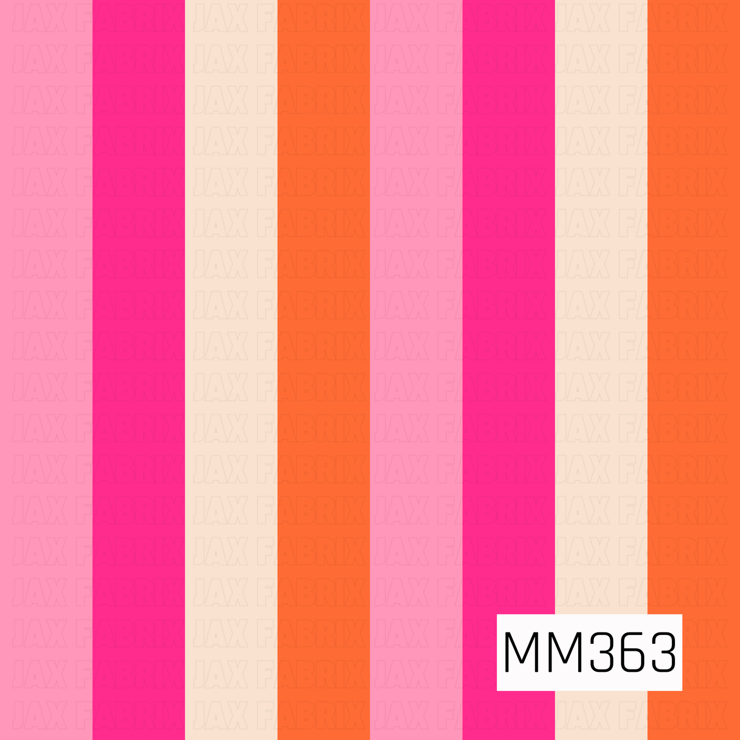 A bright retro seamless stripe pattern featuring bold vertical bands of pink, hot pink, cream, and vibrant orange. The playful mix of warm, punchy colors gives it a fun vintage-inspired feel.