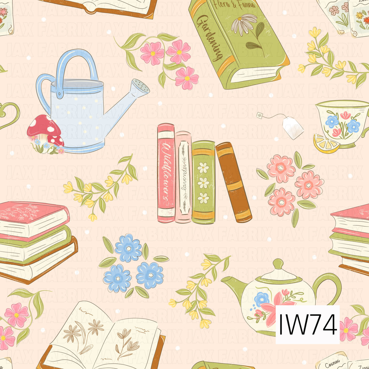 A whimsical cottage-inspired pattern featuring stacks of vintage books, open botanical journals, a pastel blue watering can, and delicate floral teacups and teapots. Scattered bouquets of pink, blue, and yellow flowers, leafy greenery, and tiny red mushrooms add a charming garden touch. Set against a soft peachy cream background with subtle white speckles, the design combines cozy reading and gardening elements in a sweet, nostalgic color palette.
