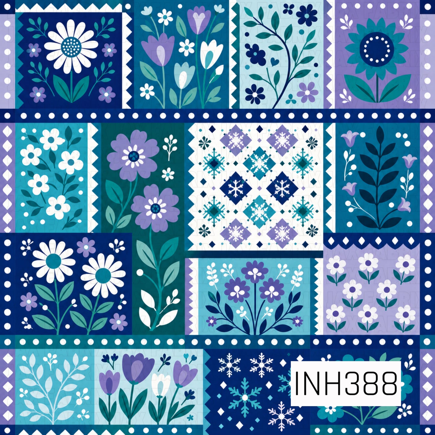 A charming patchwork pattern featuring whimsical floral blocks, delicate leaves, and geometric snowflake motifs in shades of navy, teal, aqua, lavender, and white. Framed with dotted and scalloped borders, each quilt-inspired square adds a cozy handcrafted feel, creating a fresh blend of winter charm and Scandinavian-inspired folk art.
