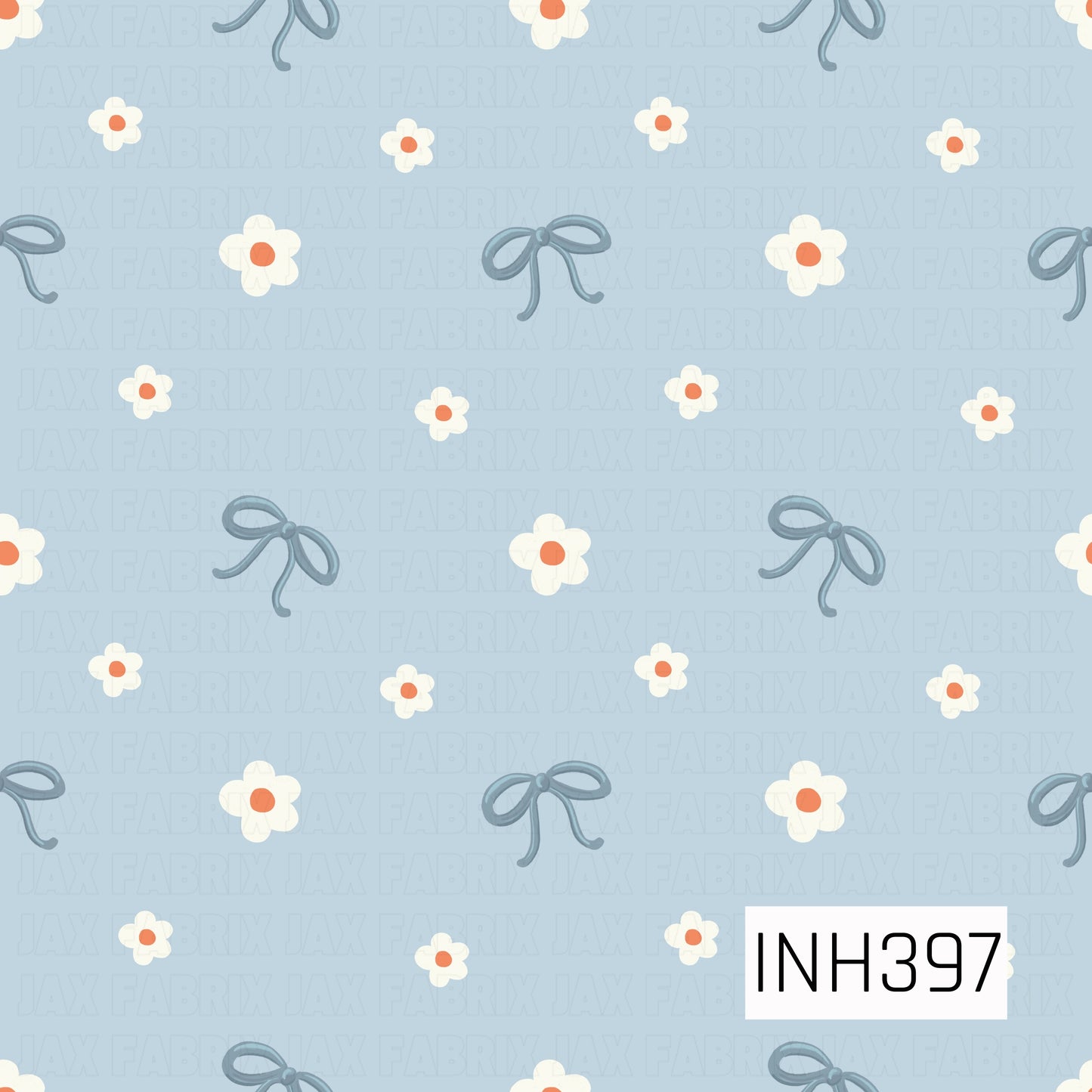 A sweet, airy pattern featuring dusty blue bows and scattered white flowers with coral centers on a soft powder-blue background.