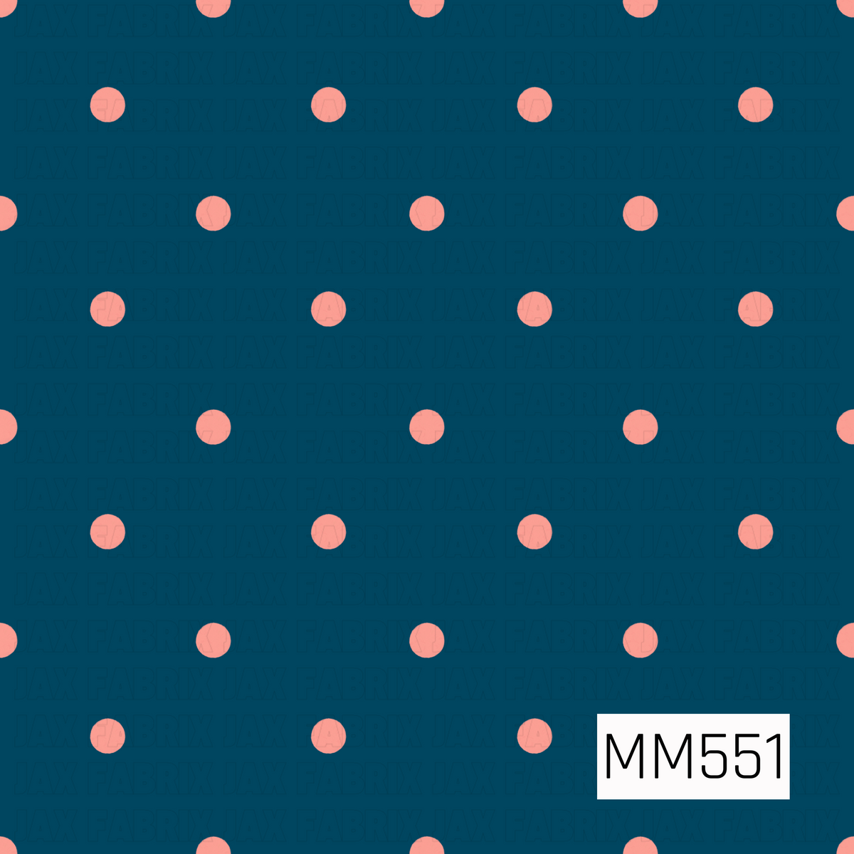 A simple, playful polka dot pattern featuring evenly spaced coral pink dots against a rich, deep teal blue background. The dots are arranged in neat, staggered rows, creating a clean, balanced design with a fun retro feel.