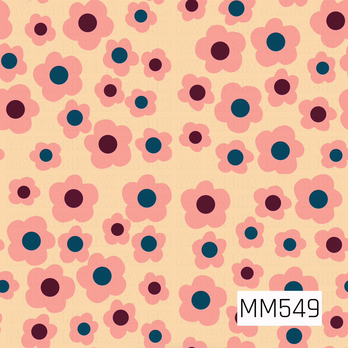 A playful retro floral pattern featuring scattered five-petal flowers in varying sizes, with soft coral pink petals and bold circular centers in deep teal blue and rich burgundy. Set against a warm buttery cream background, the oversized, rounded blooms create a cheerful, vintage-inspired design with a fun 70s feel.