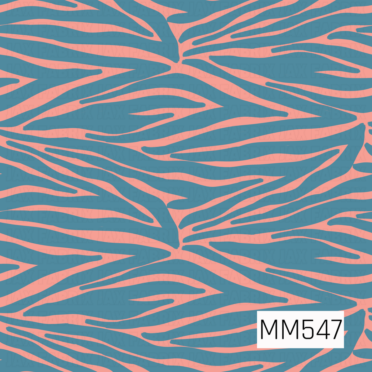 A bold zebra print featuring flowing, irregular dusty blue stripes against a warm coral pink background. The sweeping, wavy lines create a playful, retro-inspired animal print with a fun, modern feel.