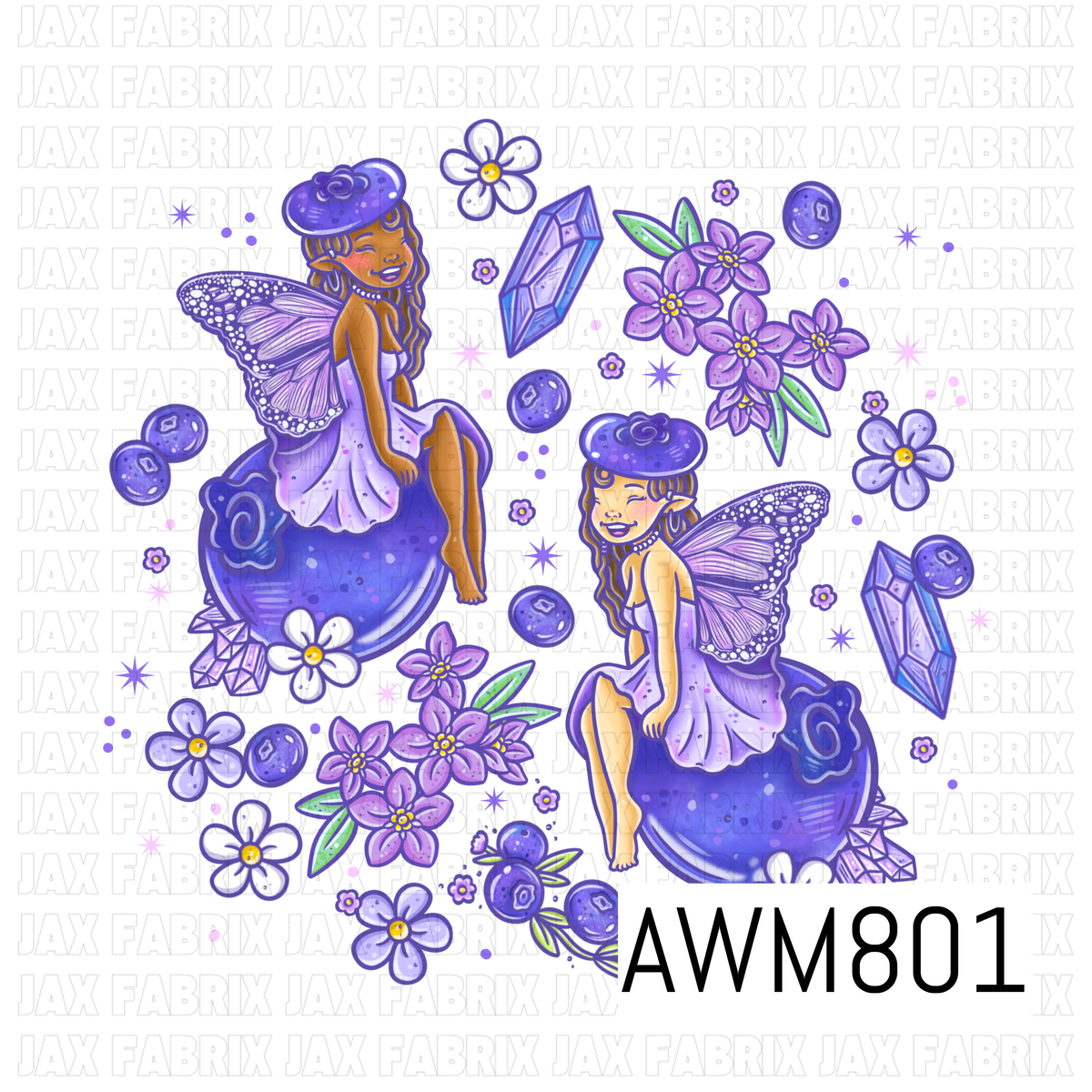 A whimsical PNG featuring two purple fairy characters perched on glowing mushrooms, surrounded by sparkling crystals, blueberries, delicate purple wildflowers, tiny blossoms, and scattered stars. The enchanting artwork uses soft lavender, violet, and indigo tones to create a magical woodland fantasy aesthetic.