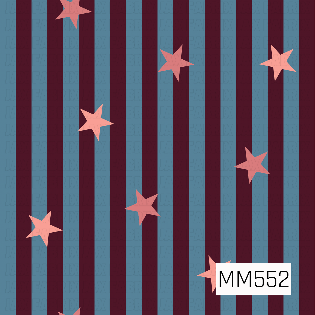 A bold retro-inspired pattern featuring alternating vertical stripes in deep burgundy and dusty teal blue, accented with scattered five-point stars in soft coral pink. The stars vary slightly in shade and are spaced throughout the design, creating a playful, eye-catching look with a vintage feel.