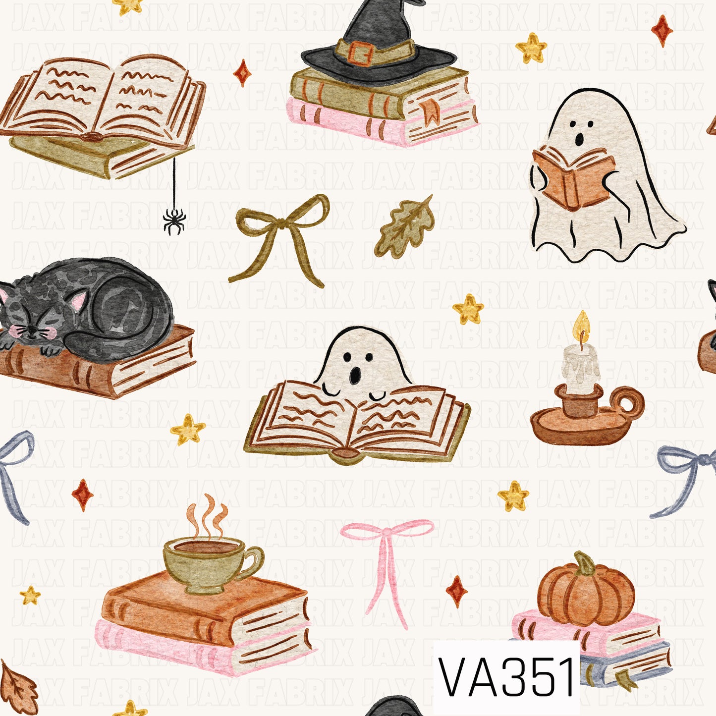 A cozy watercolor Halloween pattern featuring vintage books, friendly ghosts reading, stacked spell books topped with a witch hat and pumpkin, a sleeping black cat, steaming coffee, flickering candles, bows, autumn leaves, and twinkling stars scattered across a warm cream background.