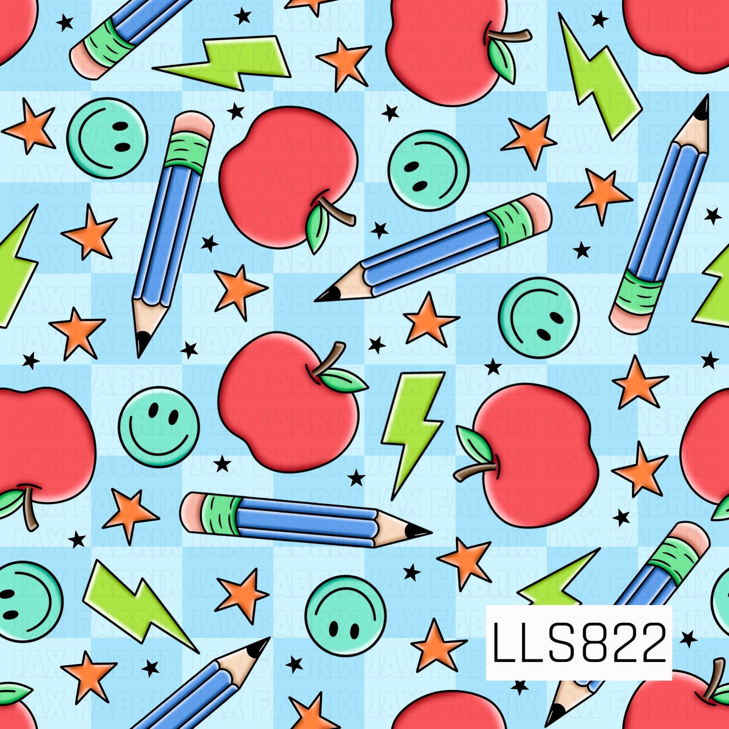 A playful back-to-school pattern featuring red apples, blue pencils, green smiley faces, lightning bolts, orange stars, and black accent stars scattered across a light blue background for a fun, energetic classroom-inspired design.