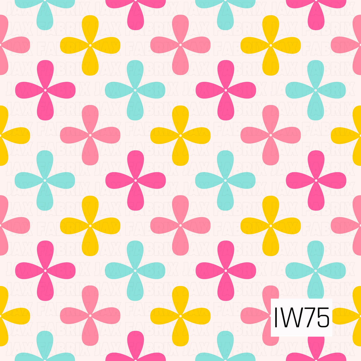 A bright, retro-inspired geometric floral pattern featuring playful four-petal flowers in vibrant hot pink, soft coral pink, sunny yellow, and turquoise blue. Each flower has rounded, teardrop-shaped petals with a tiny white center, arranged in a repeating staggered layout against a soft blush cream background. The bold colors and simple shapes create a cheerful, groovy look with a fun vintage feel.