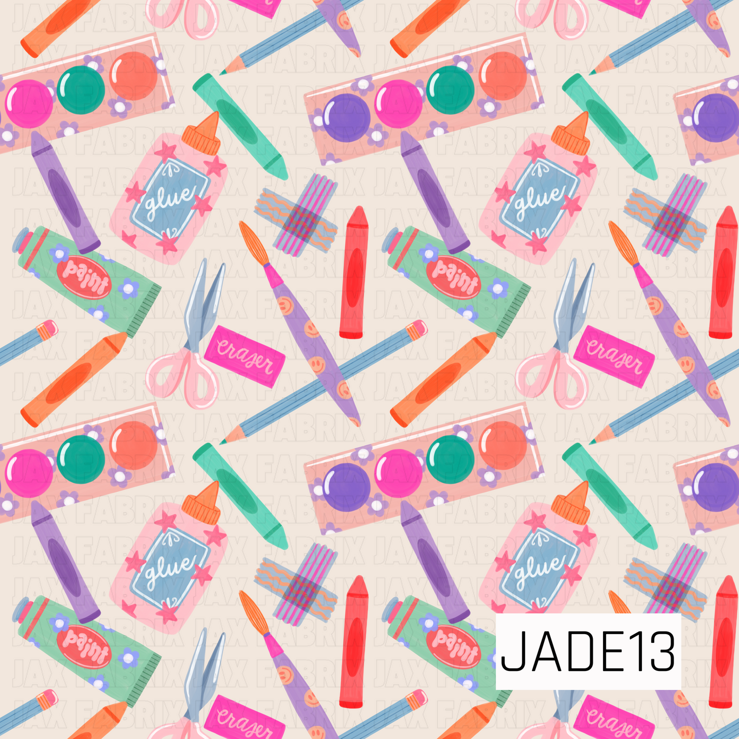 A cheerful school-themed design featuring colorful art supplies scattered across a soft cream background. Paint tubes, watercolor palettes, crayons, pencils, paintbrushes, scissors, glue bottles, tape, and erasers create a fun and creative pattern in bright shades of pink, teal, purple, orange, and blue. Perfect for back-to-school projects, teacher gifts, classroom-inspired creations, and creative craft-themed accessories.