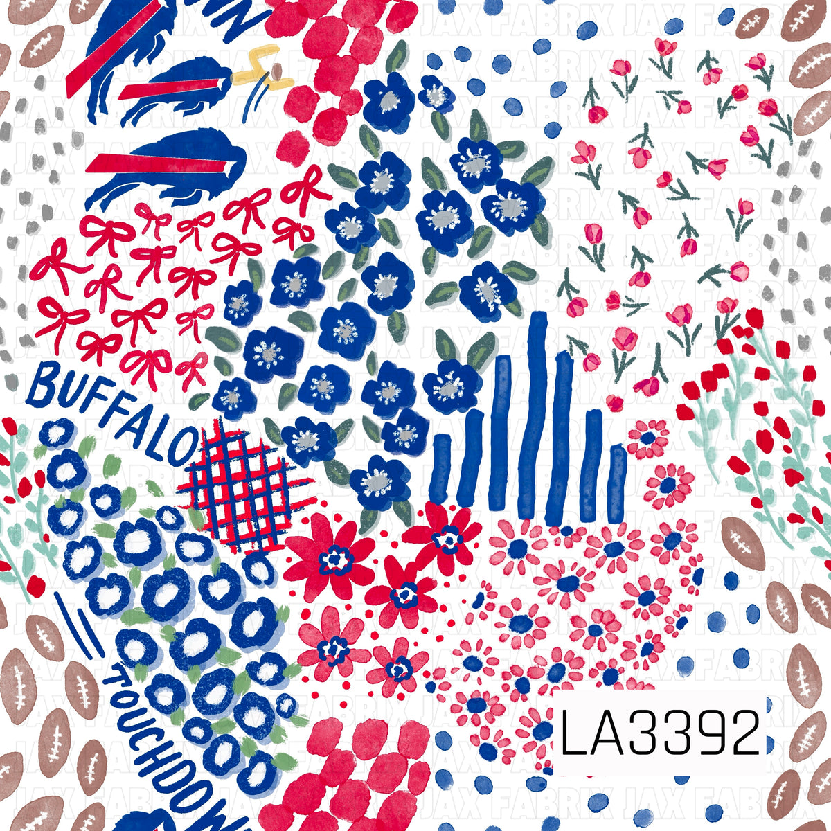 A playful Buffalo football-inspired print featuring bold royal blue, bright red, soft gray, and white. Hand-painted florals, bows, footballs, scattered dots, stripes, plaid accents, “Buffalo” and “Touchdown” lettering, plus coordinating buffalo graphics create a fun, artsy game day design.