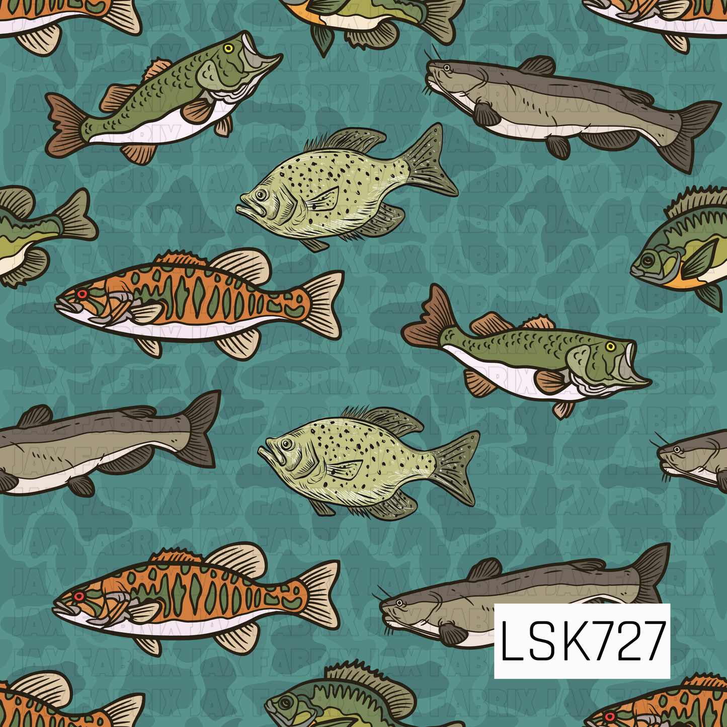 A rustic fishing-themed seamless design featuring a variety of illustrated freshwater fish in earthy shades of olive green, brown, orange, and cream. The fish are scattered across a textured teal camouflage background, creating an outdoorsy, rugged look perfect for fishing and nature-inspired designs.