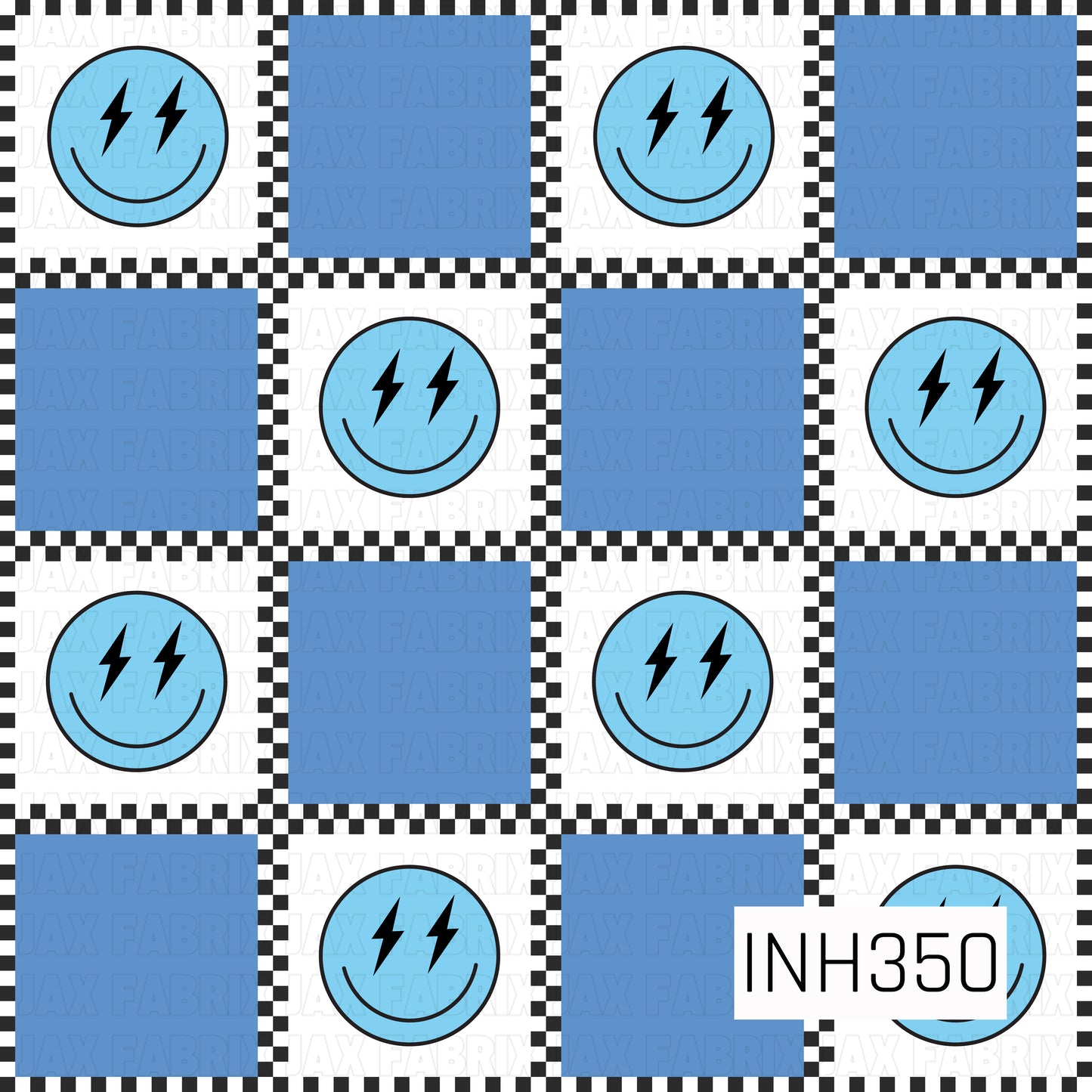 A bold checkerboard pattern featuring alternating blue squares and white squares framed with black-and-white checkered borders. Scattered throughout are playful blue smiley faces with lightning bolt eyes, adding a fun retro streetwear vibe. The crisp blue, black, and white color palette creates a modern, energetic design with a cool skater-inspired aesthetic.
