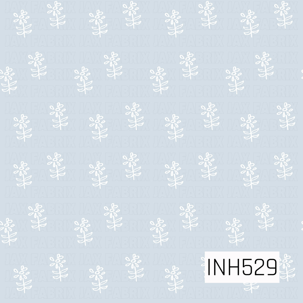 A soft, minimal floral design featuring simple hand-drawn white flowers scattered across a pale powder blue background. The delicate linework and airy spacing give this pattern a sweet, understated vintage feel.