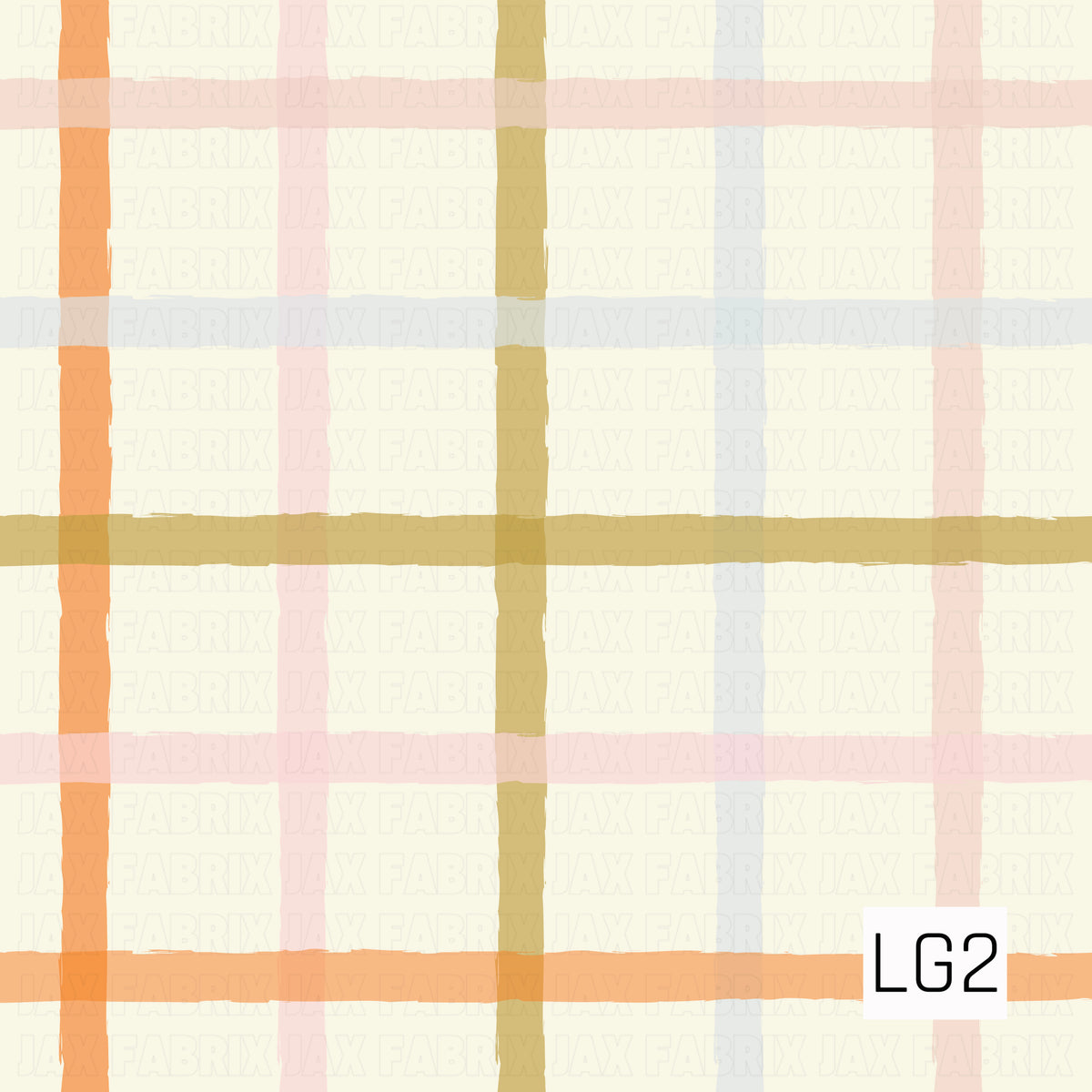 A soft hand-painted plaid featuring wide, loosely drawn stripes in warm orange, blush pink, muted mustard, and pale blue over a creamy ivory background. The slightly uneven brushstrokes give it a cozy, whimsical feel with a subtle vintage touch.