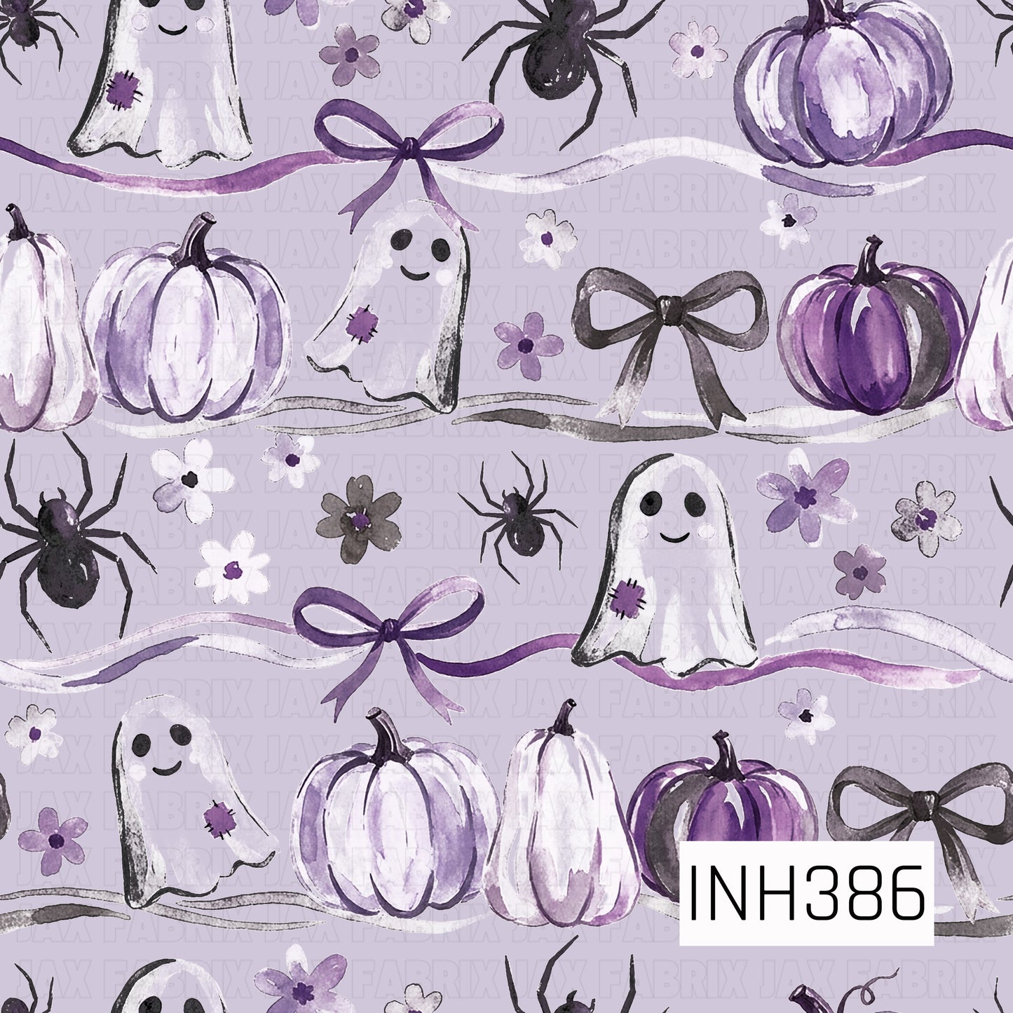 A sweet Halloween pattern featuring watercolor ghosts, purple pumpkins, black spiders, dainty florals, and elegant bows scattered across a soft lilac background. The whimsical mix of spooky and coquette elements, paired with shades of lavender, deep purple, black, and white, creates a playful and charming seasonal design.