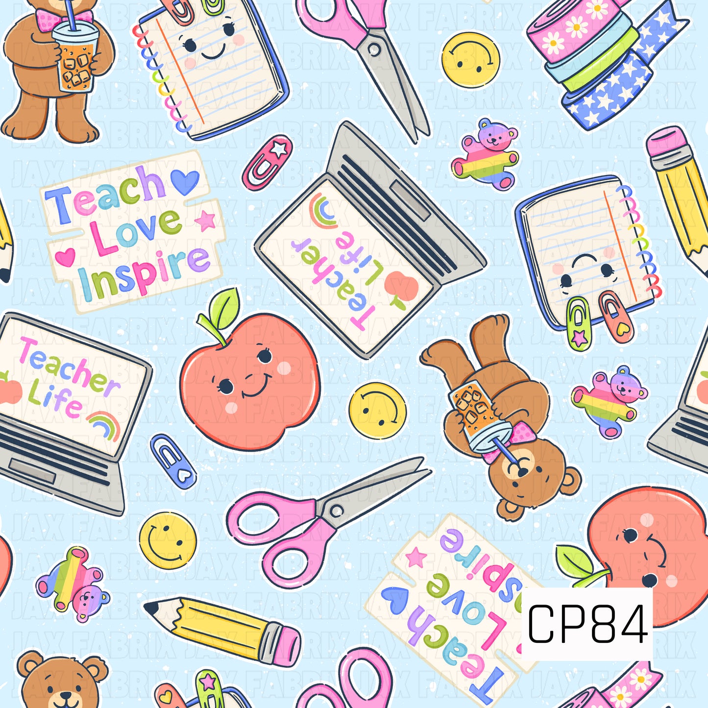 A cheerful teacher-themed pattern featuring smiling notebooks, apples, teddy bears, laptops with colorful teacher messages, scissors, pencils, washi tape, paper clips, and classroom supplies. Set on a light blue background with playful accents, this design celebrates the fun and creativity of teaching.